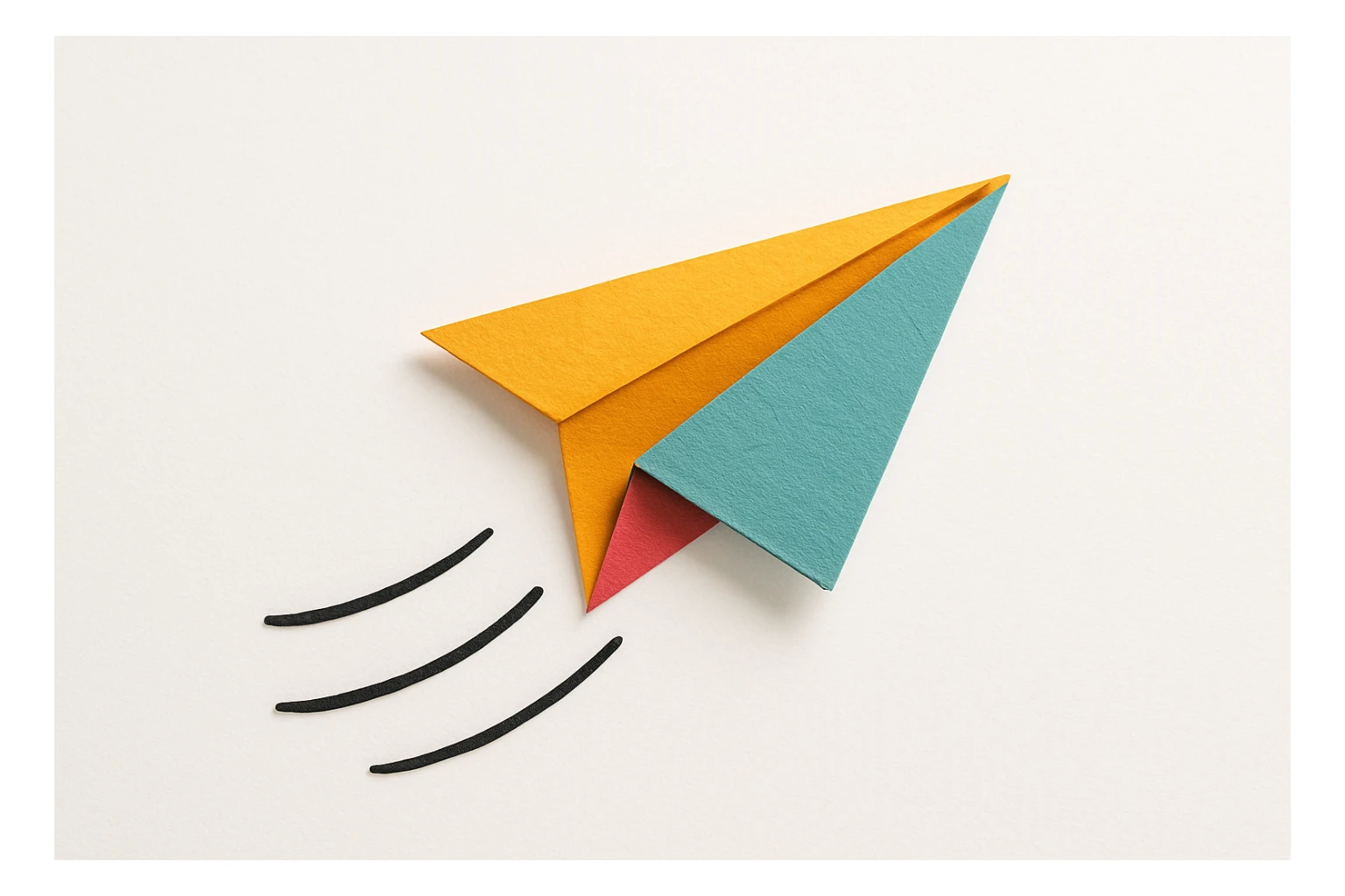 a paper airplane flying with motion lines, simple, dynamic, white background sticker