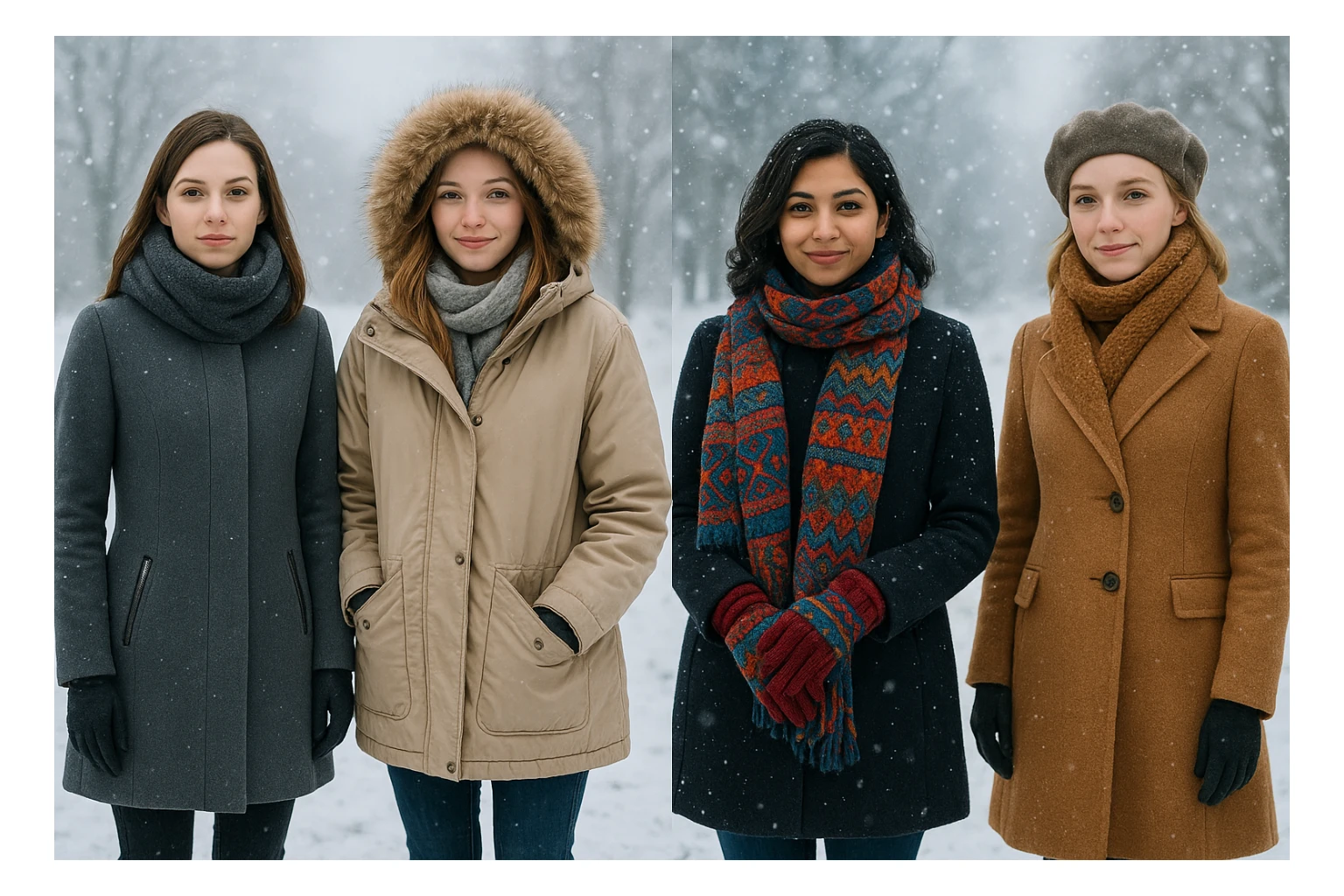 woman wearing winter coat, scarf and gloves, cold background, diverse styles sticker