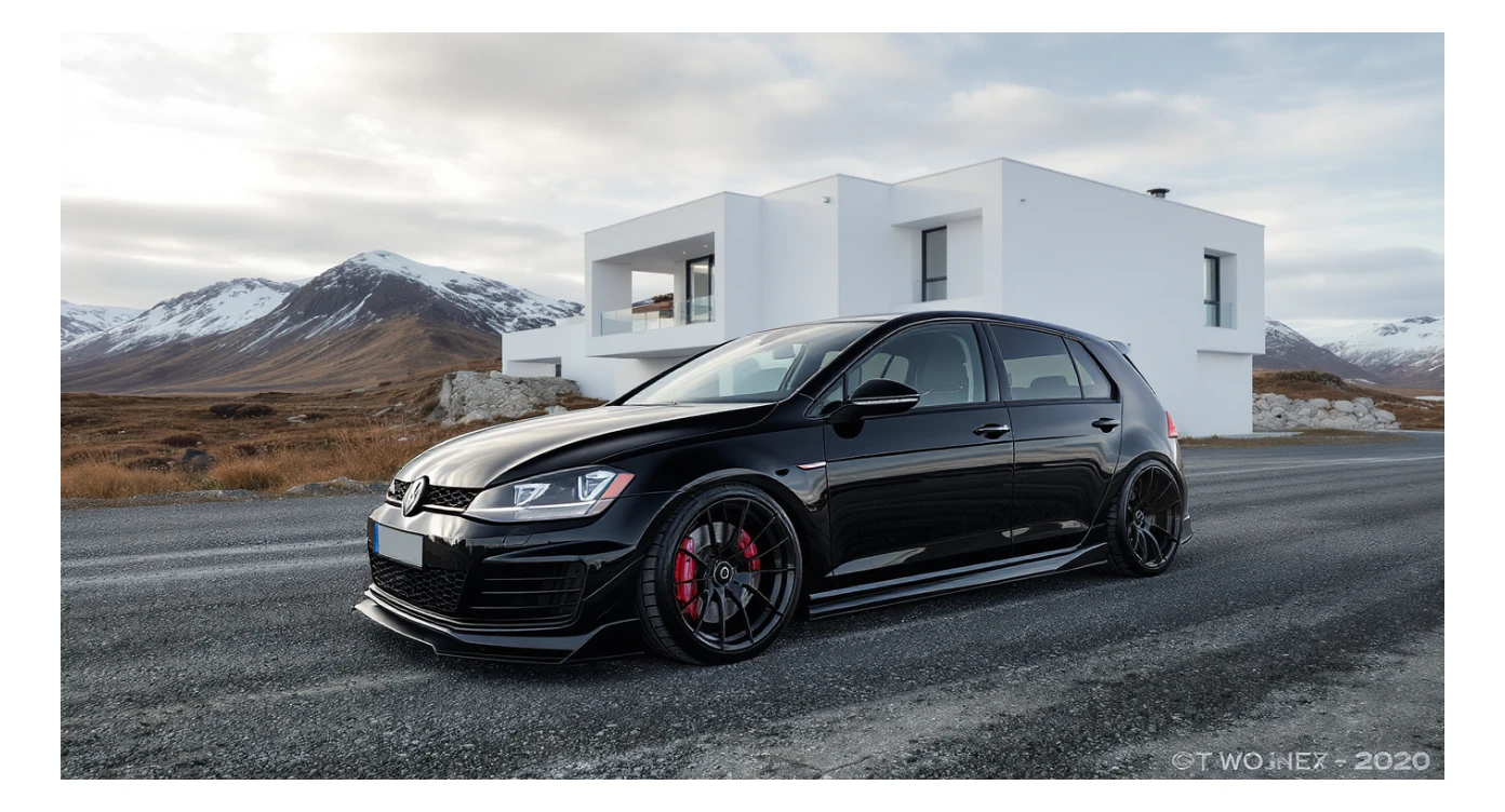 black Golf A4 with bodykit, in background is modern huge two flors white villa, in distance are iceland mountains, rule of thirds, shot on gopro hero, noise camera sticker