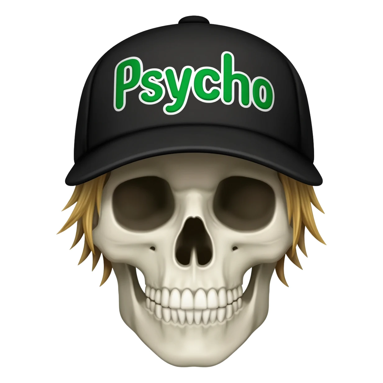 Create a skeleton head wearing a black baseball cap that says " Psycho " in Green, and white lettering, with dirty blonde hair sticker