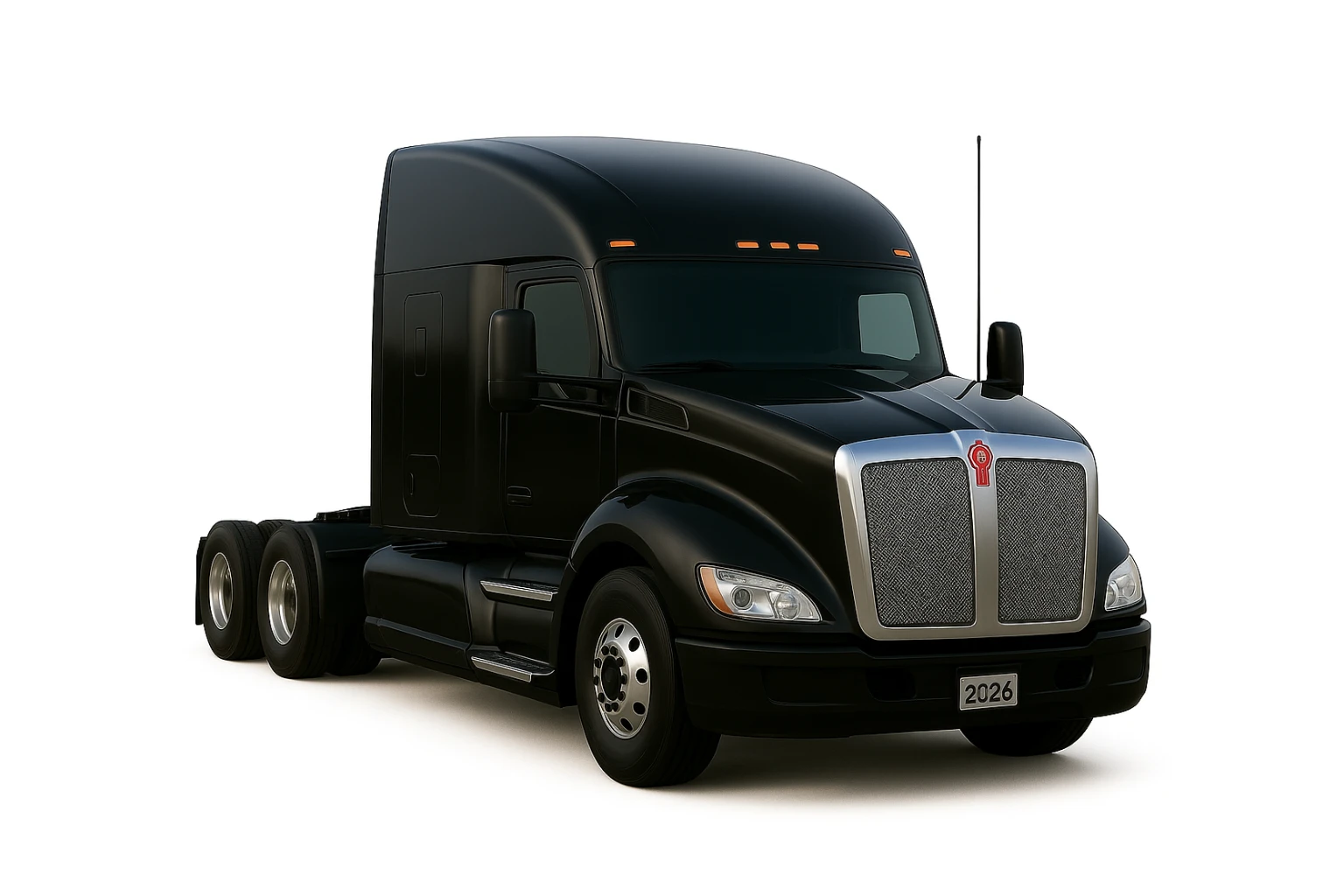 Make this 2026 Kenworth T680 Flat Top semi sleeper indistinguishable from a real photo—perfect proportions, lighting, chrome, and paint reflections, no air filters, flat top sleeper cab prominent, no background. sticker