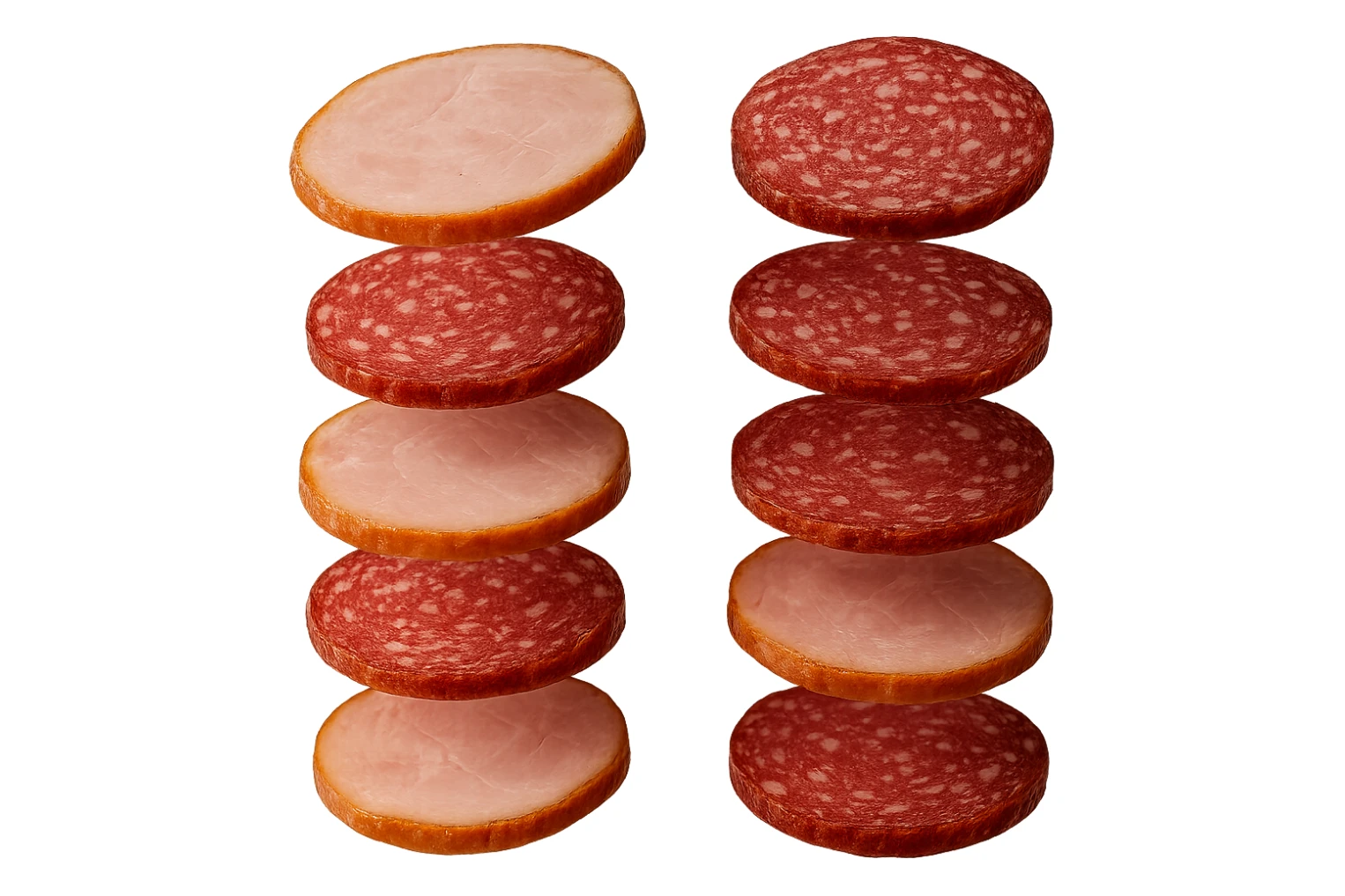 fettine di prosciutto cotto e di salame fluttuano in aria verticalmente, IPERREALISTICA 4K sticker