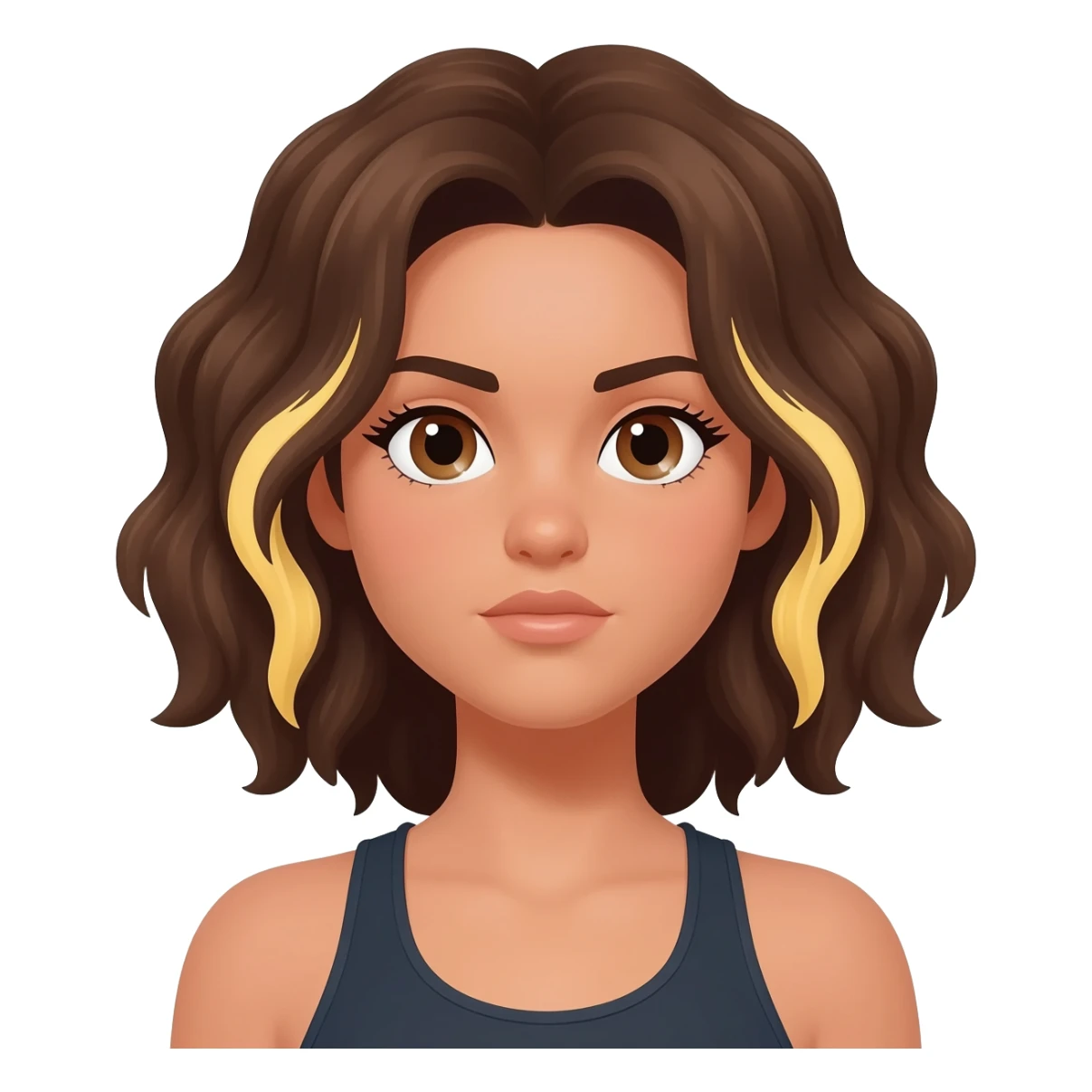 Una chica de piel clara/oscura de ojos marrones pelo castaño ondulado con mechas rubias una en el lado izquierdo debajo de una capa de pelo y la otra detras y tiene un cuerpo de atleta sticker