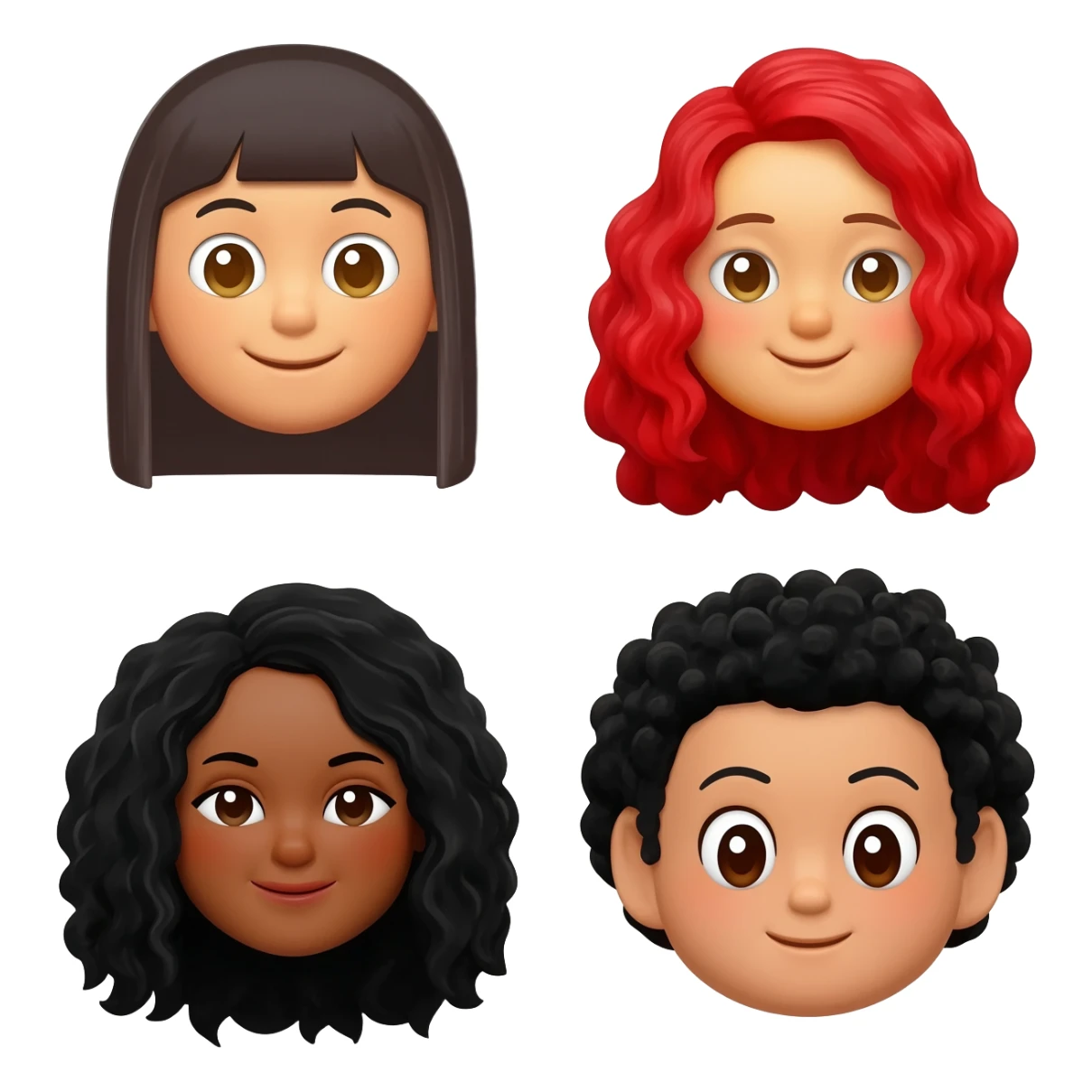 Faça o emoji de 4 amigas, uma com cabelo liso, uma com cabelo cacheado longo vermelho, uma com cabelo cacheado longo preto e uma com. O cabelo cacheado curto preto sticker