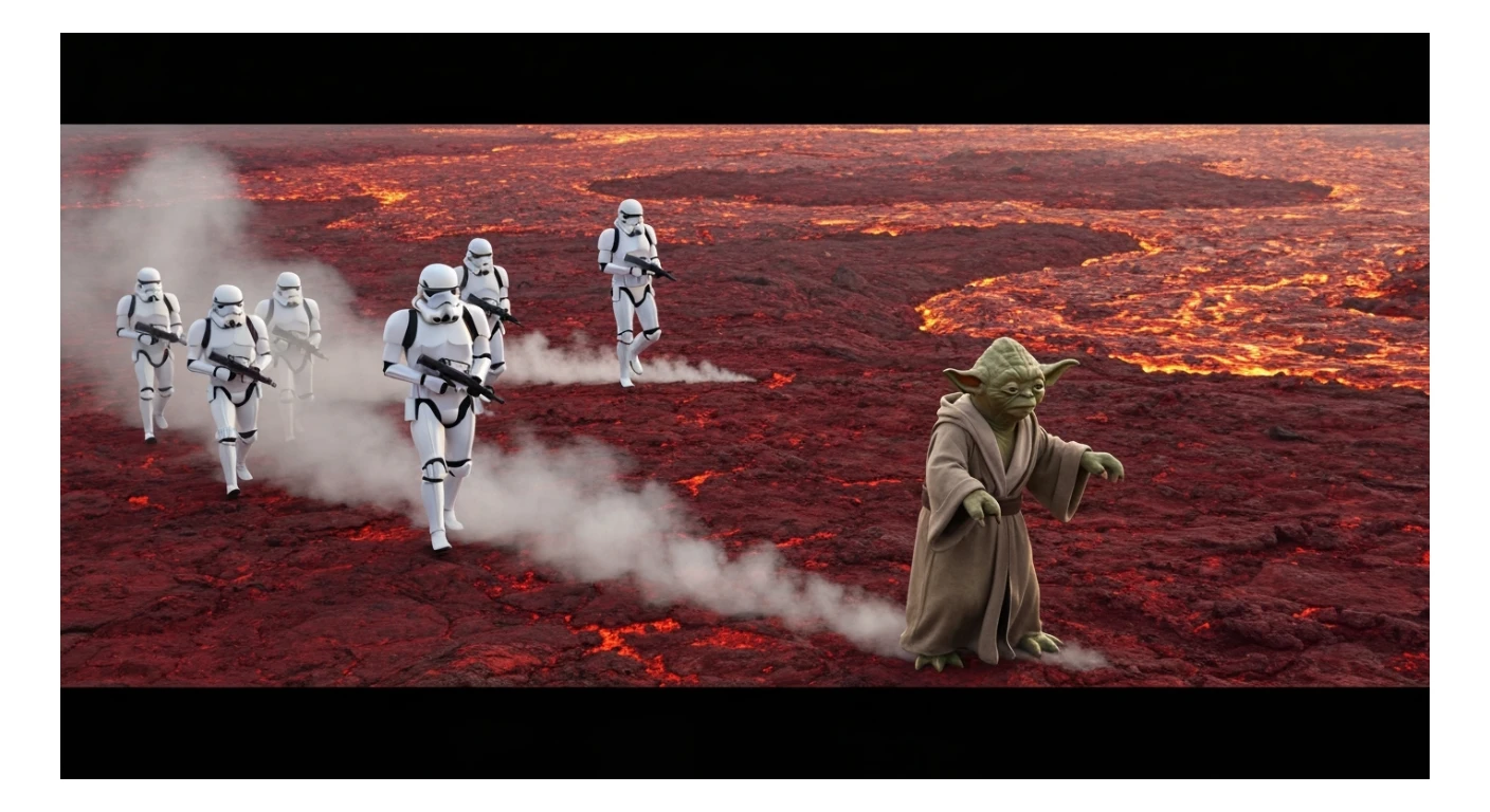 Shot on vlog camera, Starwars stormtroopers is walking on lava planet with yoda sticker