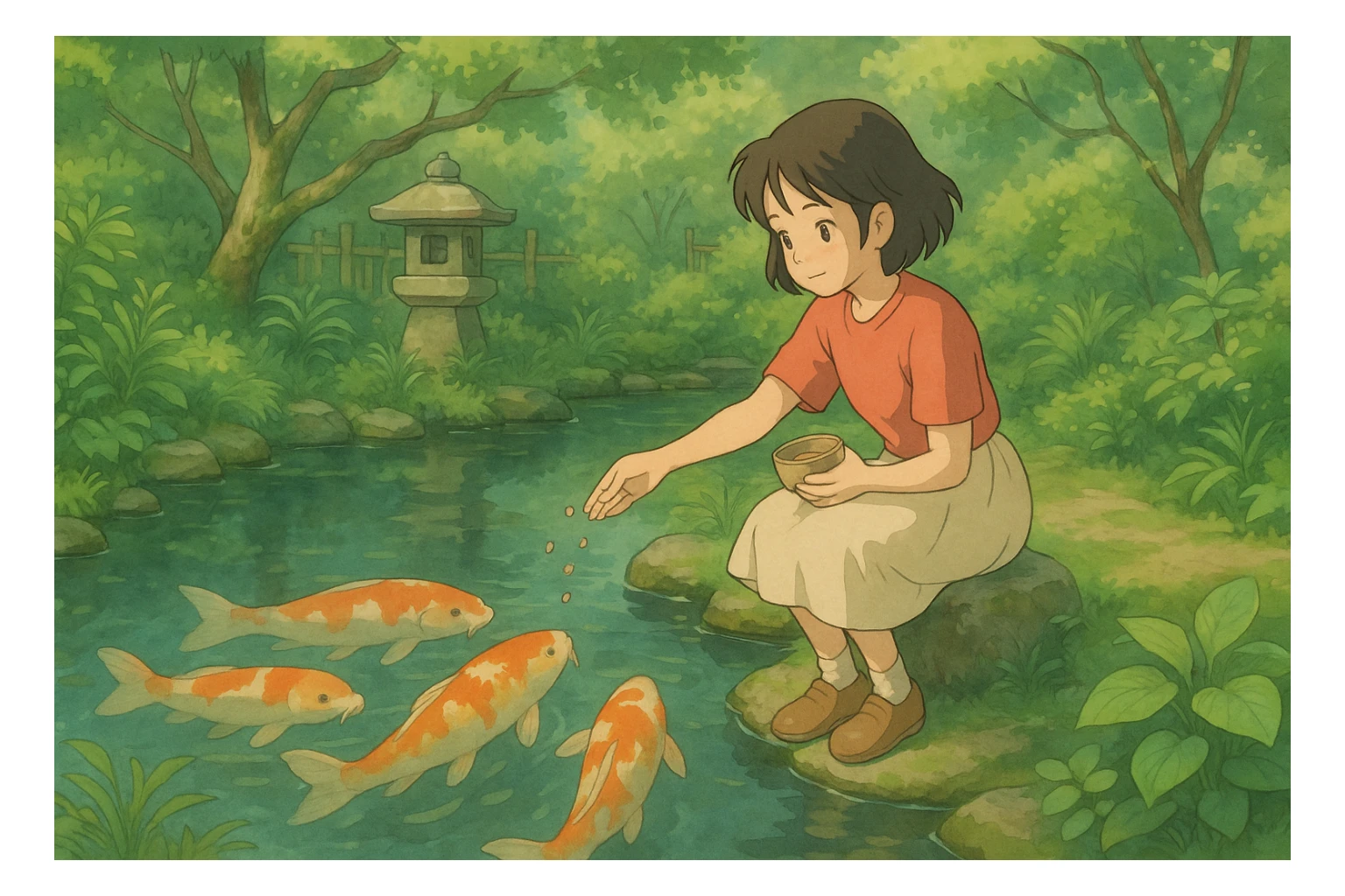 girl feeding koi fish in a pond sticker