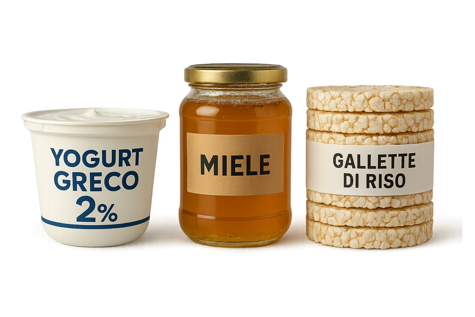 Yogurt Greco 2%
Miele
Gallette di Riso
vista frontale, iperrealistico 4k sticker