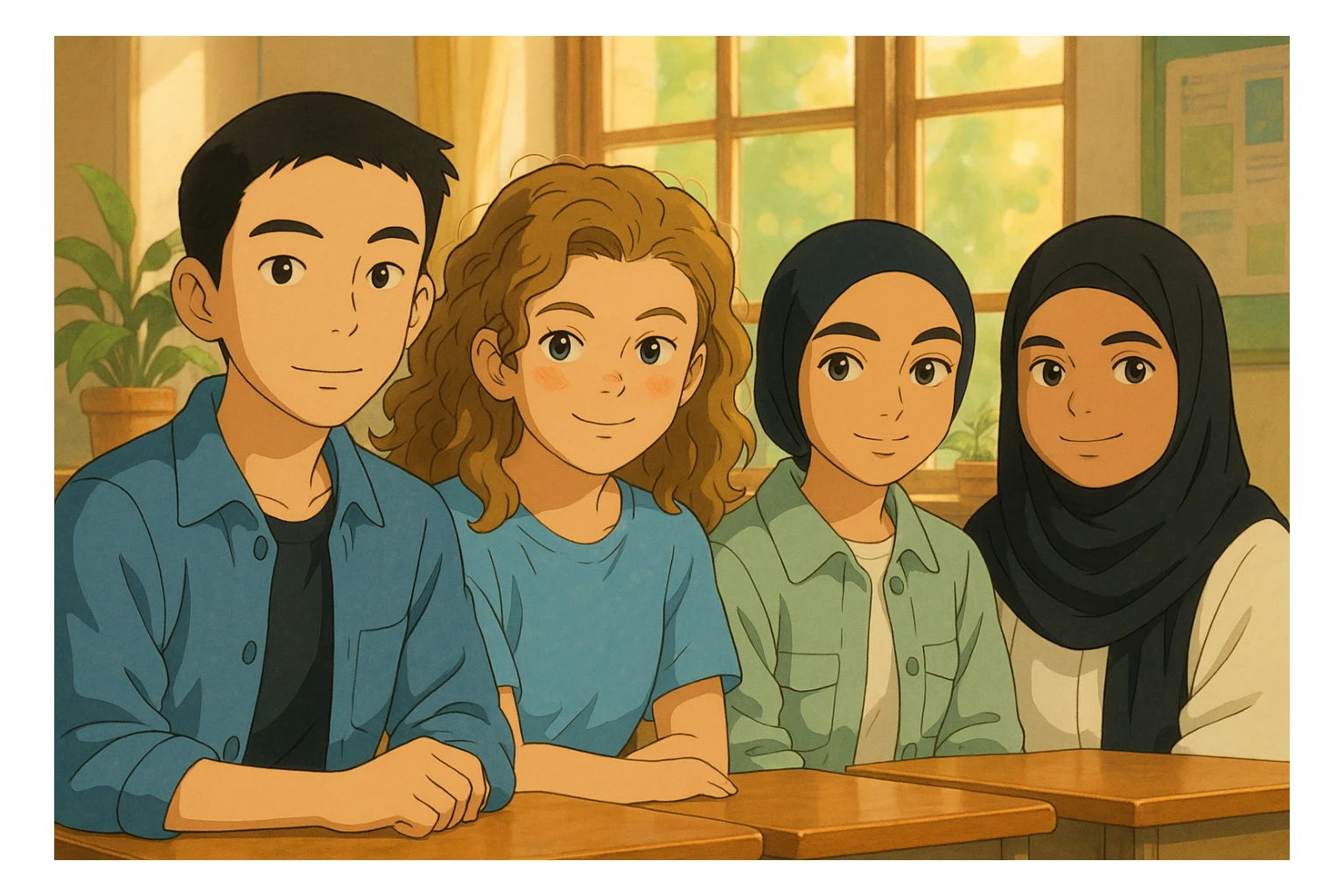 Transform these four students into Ghibli-style characters sitting together in a warm and bright classroom, following a course. Maintain the diversity and distinctive traits of each student. The background should be a classroom setting with a cozy and luminous atmosphere, capturing the essence of Ghibli animation style. sticker