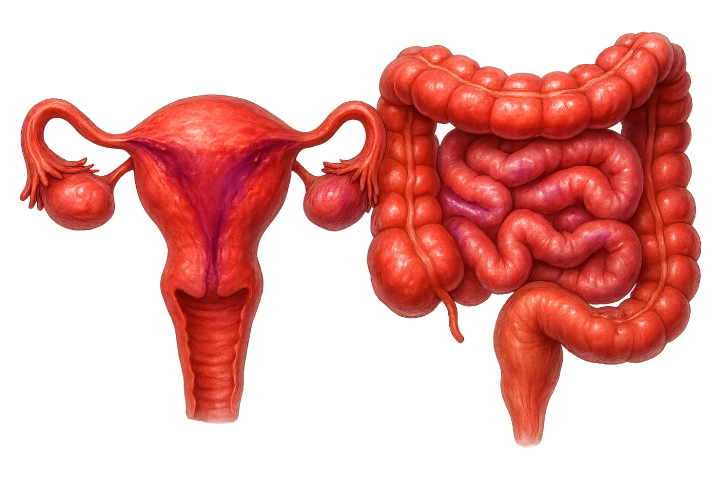 utero umano anatomico iperrealistico e intestino umano anatomico iperrealistico hanno in comune il dolore e l'infiammazione, rendi bene il collegamento tra i due organi doloranti, falla iperrealistica, non disegnata, fai colori che si adattano a questo viola #971ef1 sticker