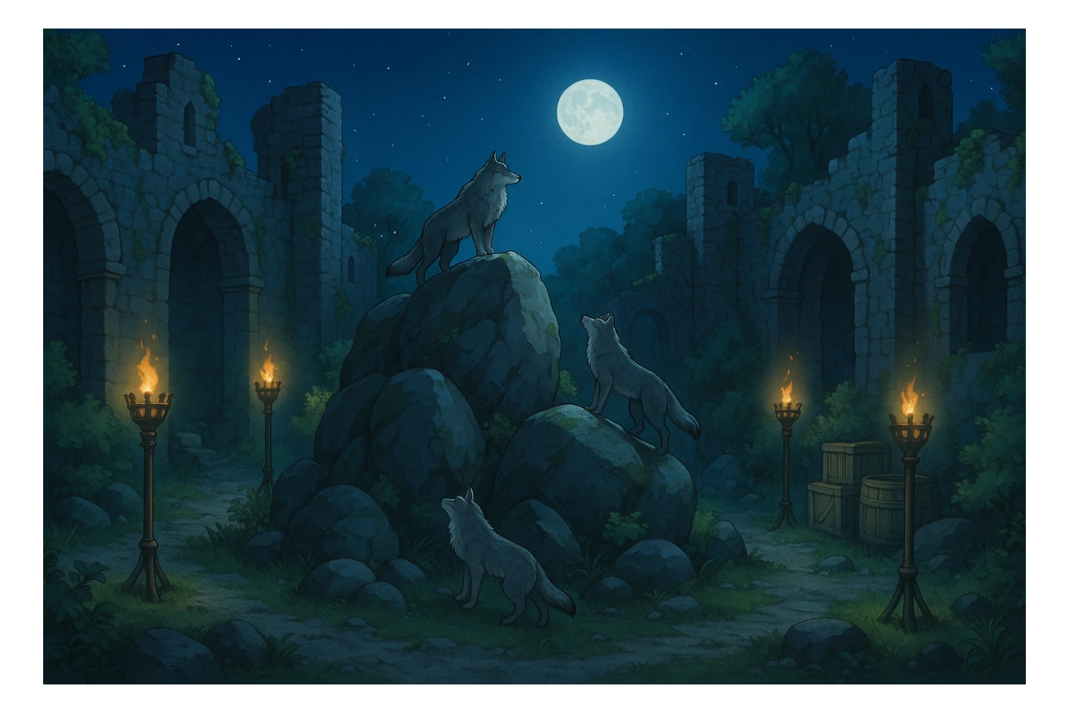 midnight within the ruins of abandoned castle yard, protrude boulders with climbing wolves, amid iron torches and crates tucked behind sticker