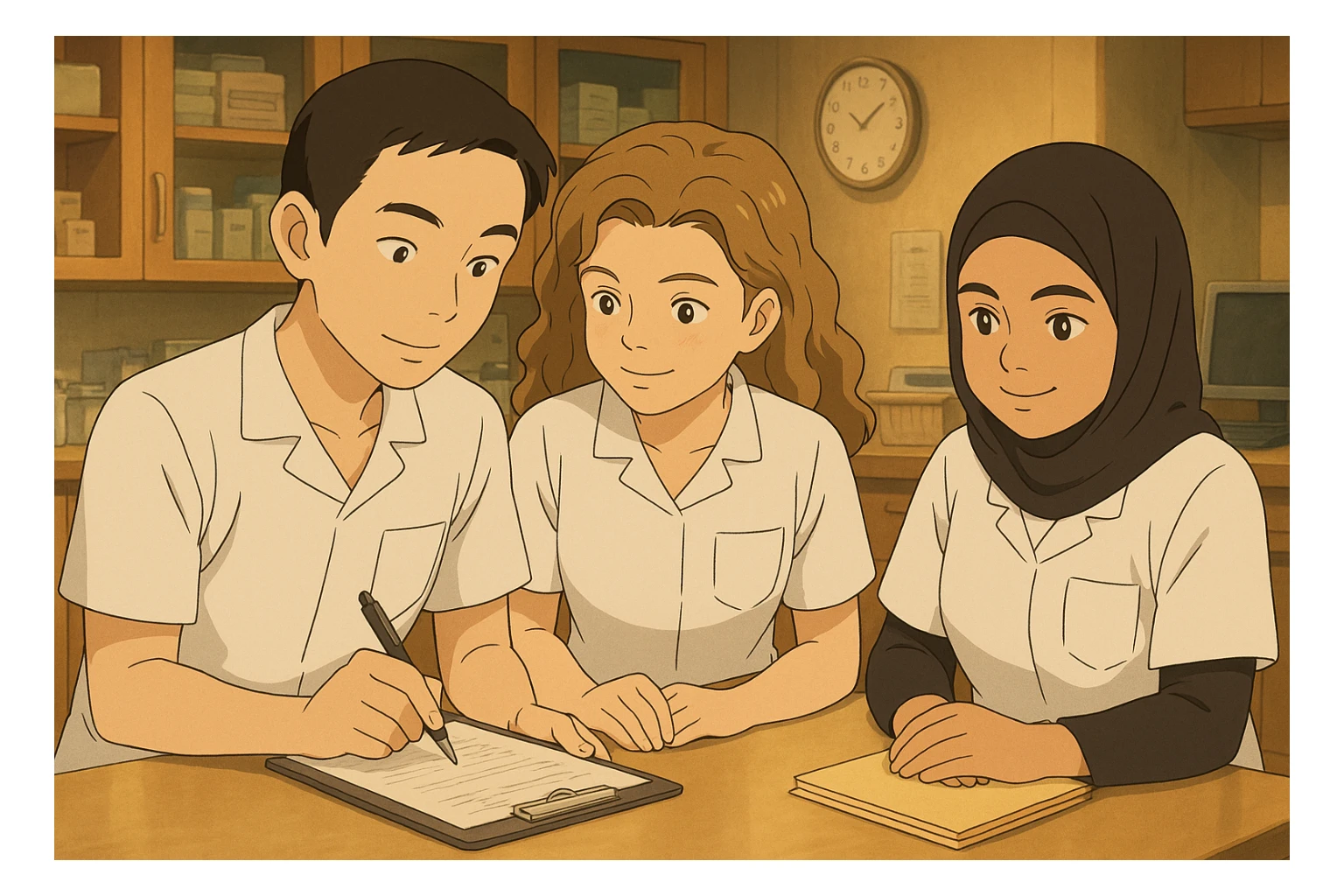 Four nursing students inspired by the four provided faces, working together in a care station, in Ghibli style. They wear short-sleeved white uniforms with V-neck tunics and a left chest pocket, no stand-up collar, no stethoscopes, and nothing protrudes from the sleeves. The atmosphere is warm and professional. sticker