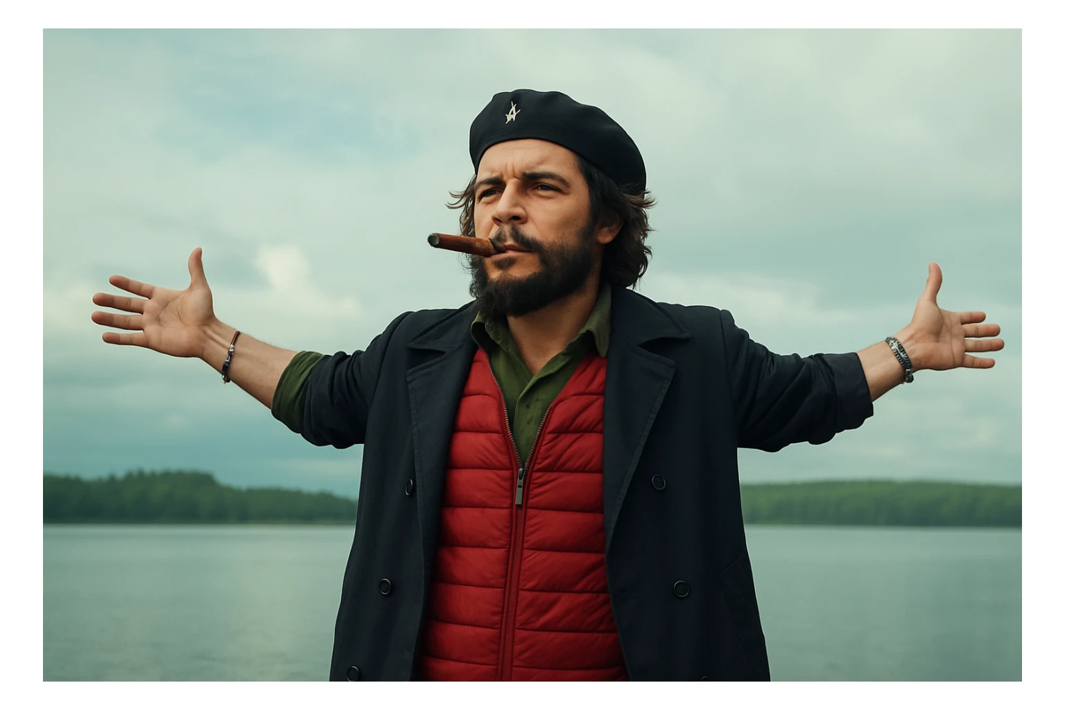 Сгенерируй мне в такой же позе и в такой же одежде Че Гевара и с сигарой в зубах, без надписей и слов sticker