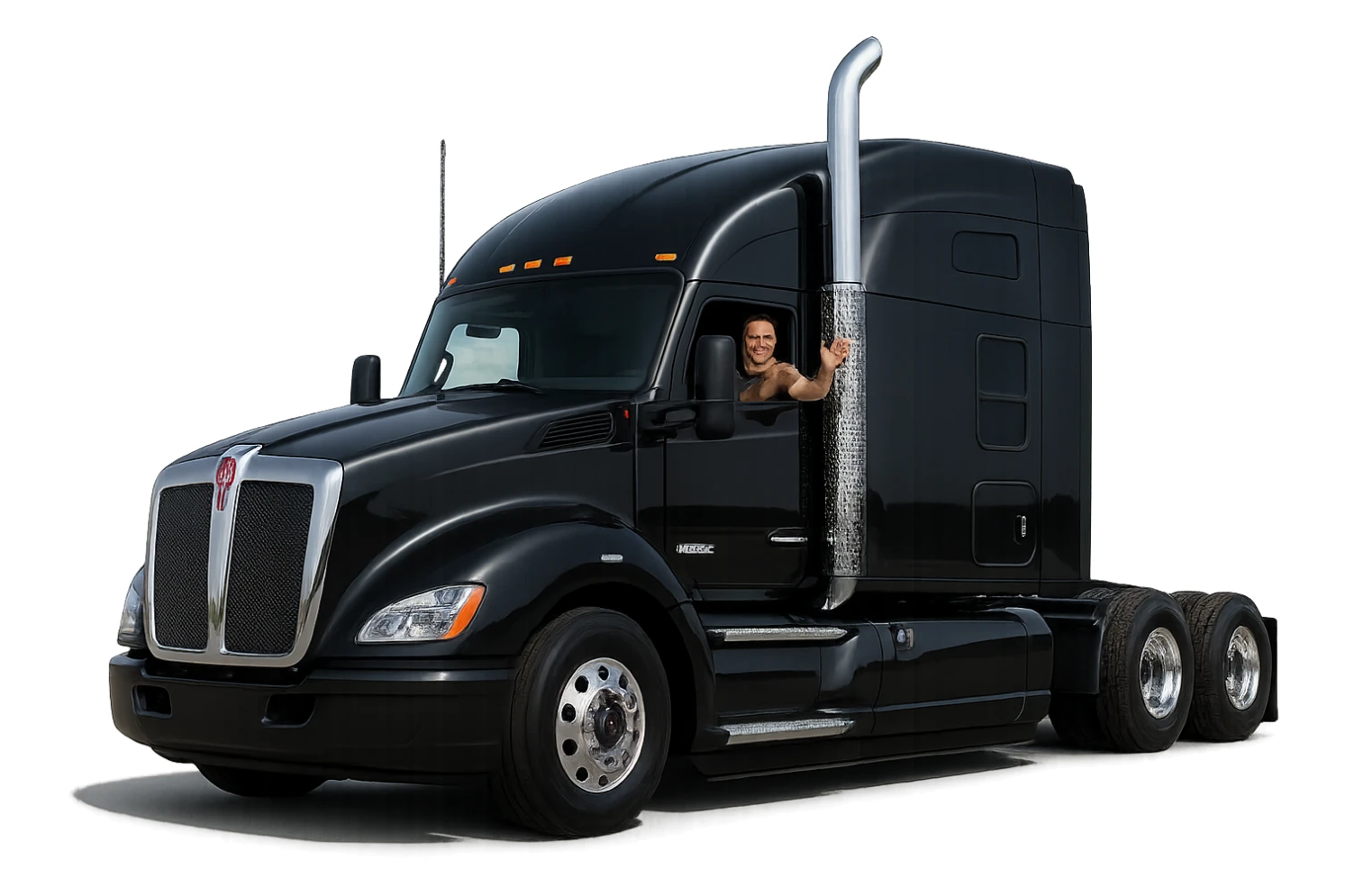 Modern black Kenworth W680 semi sleeper, chrome stack, person in the cab with arm out the window, crisp and professional, transparent background sticker