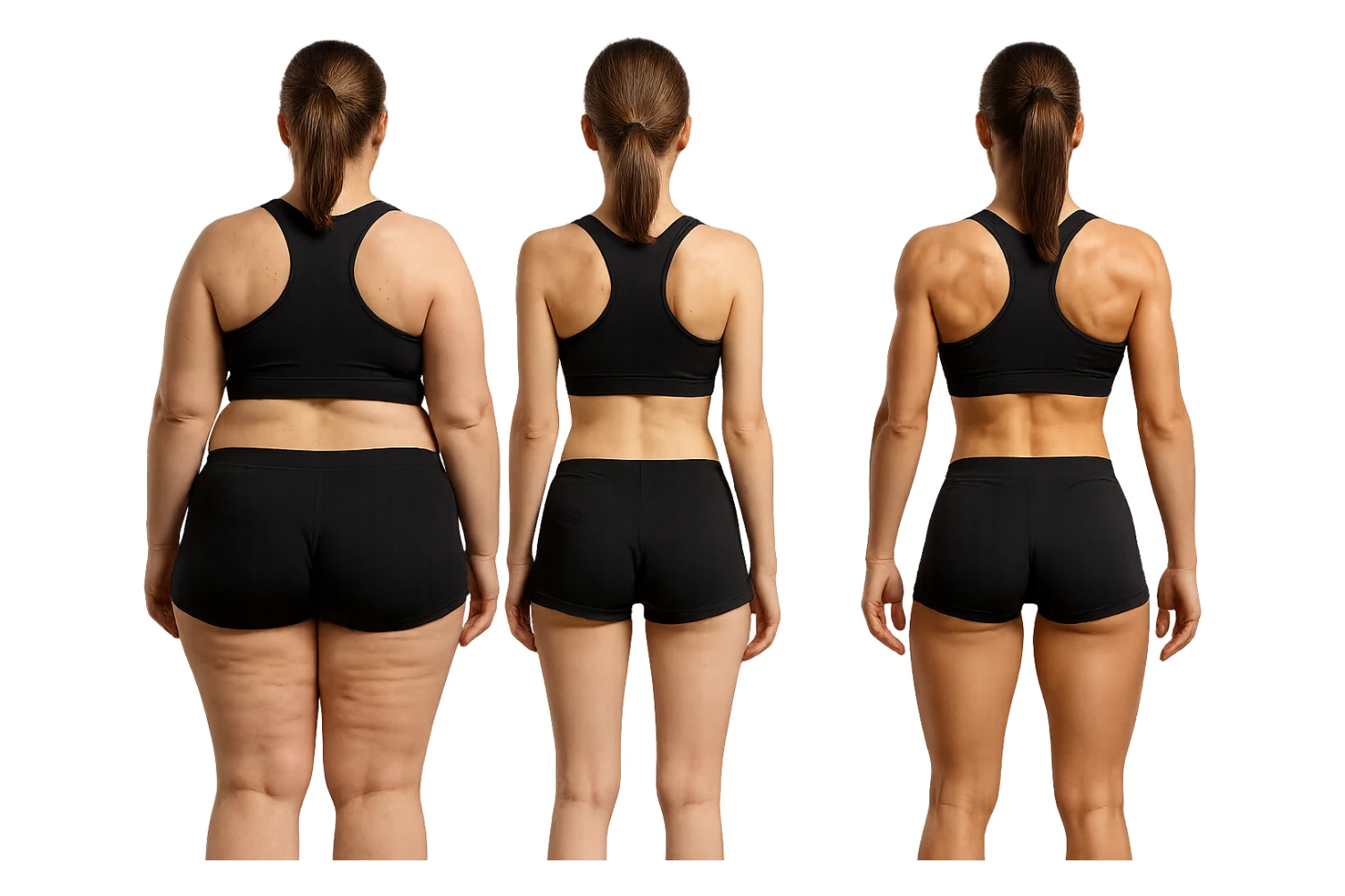 fai una donna di spalle in gym shorts leggermente sovrappeso e con cellulite e accanto una seconda donna di spalle magra (che è dimagrita post dieta) e accanto una terza donna in forma allenata e con le giuste proporzioni, l'immagine deve rappresentare il processo: da donna grassa, a donna piatta e magra, a donna allenata e in forma con i giusti muscoli, iperrealistico 4k sticker