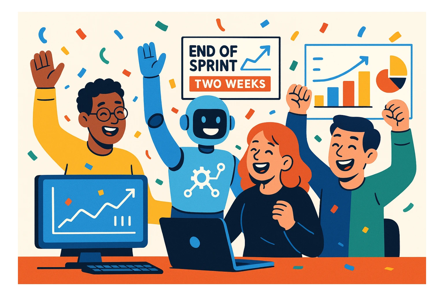 équipe IA et machine learning célébrant la fin d'un sprint de deux semaines, ambiance joyeuse, membres souriants, éléments technologiques comme ordinateurs et graphiques, style illustration moderne, couleurs vives sticker