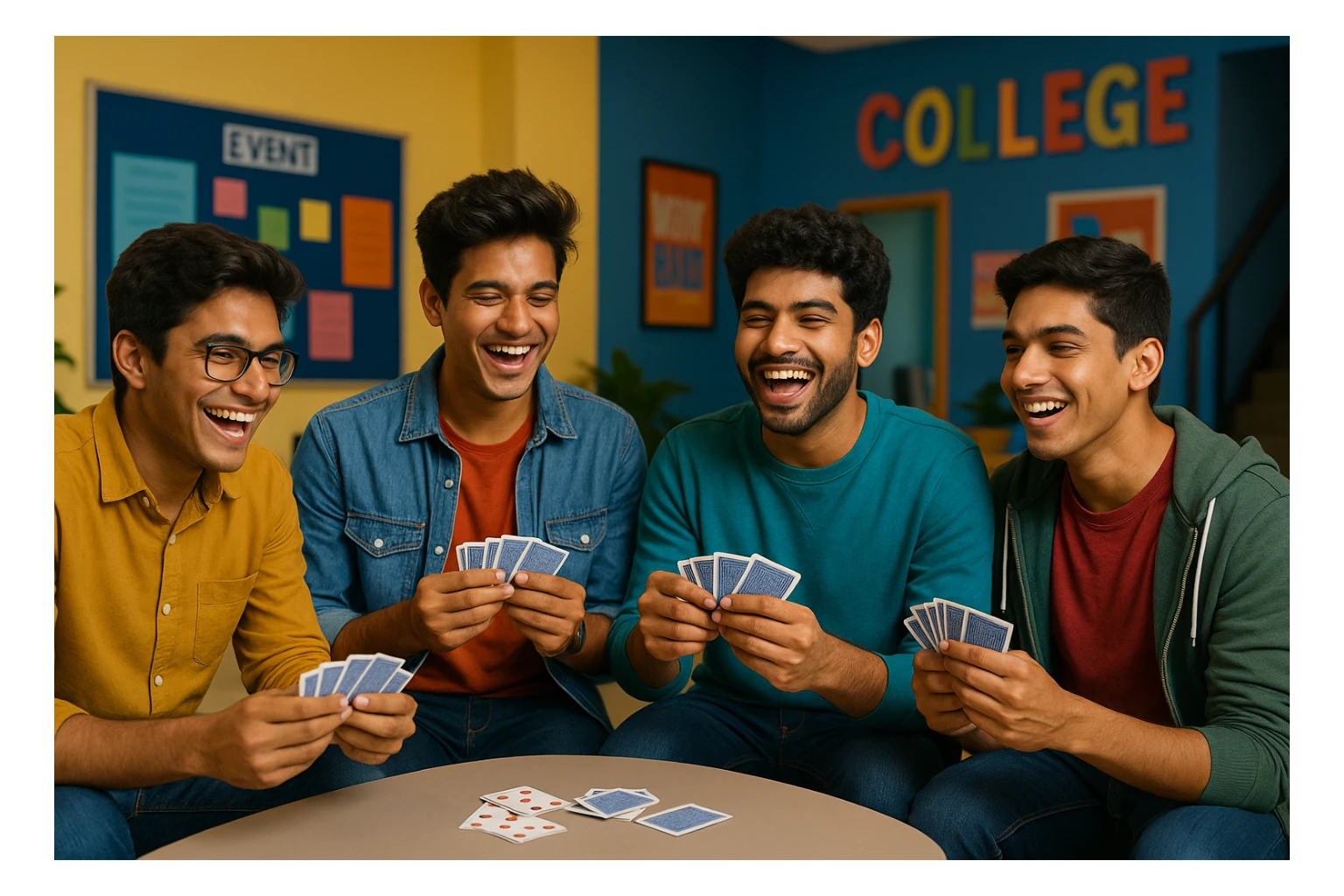 group of four Indian college boys playing tash (cards), laughing, relaxed, modern college vibe, colorful background sticker