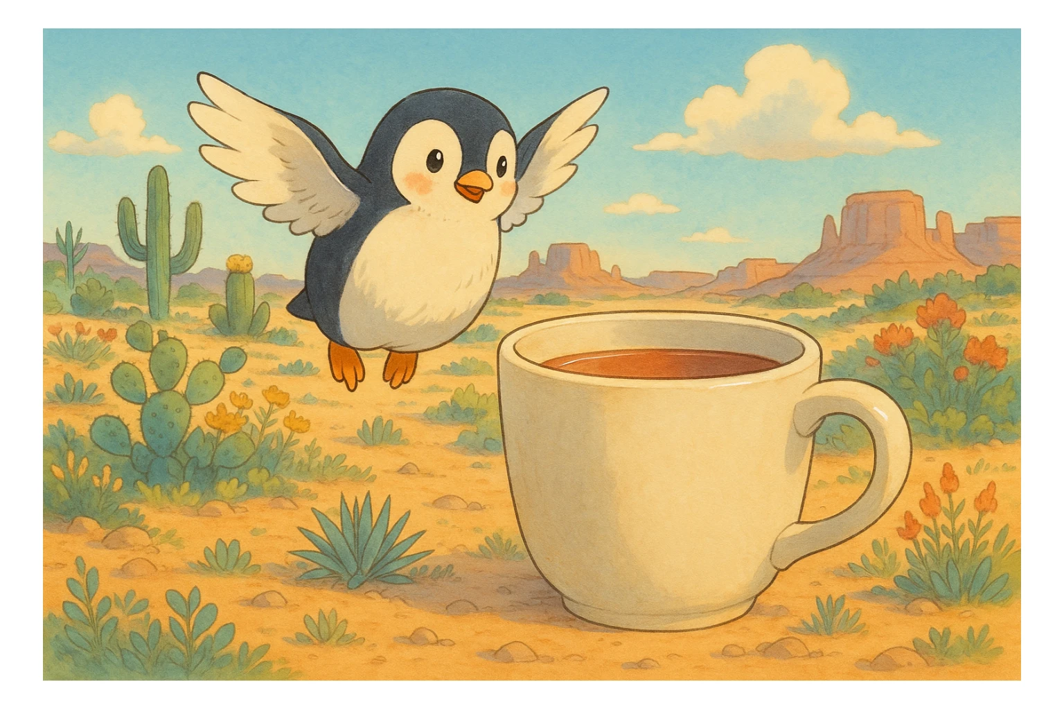 A whimsical penguin with wings, hovering in a desert landscape beside an oversized tea mug, ghibli-inspired style sticker
