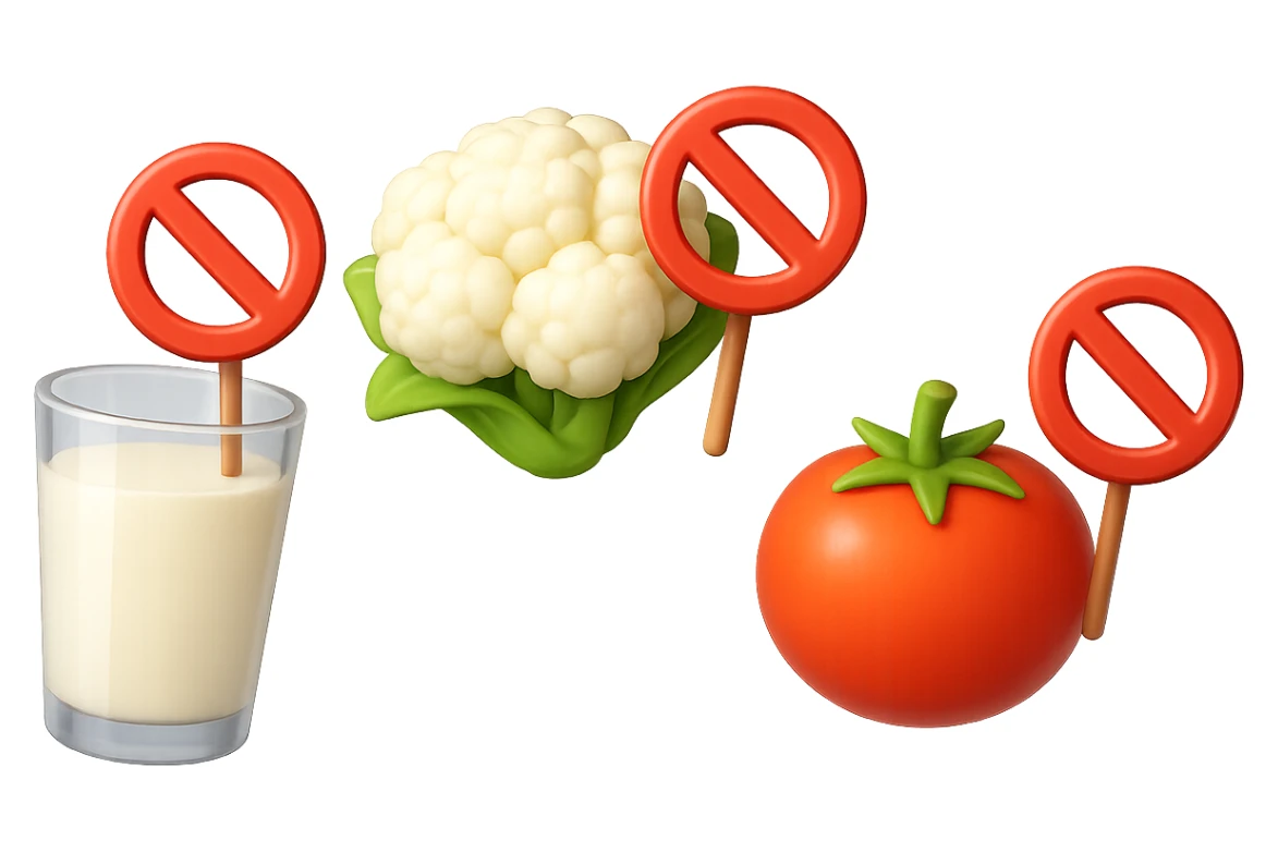 emoji stile iphone di un BICCHIERE DI LATTE CAVOLFIORE E POMODORO CHE FLUTTUANO IN ARIA CON DIVIETI IN MANO, iperrealistico 4k, isolato su sfondo bianco sticker