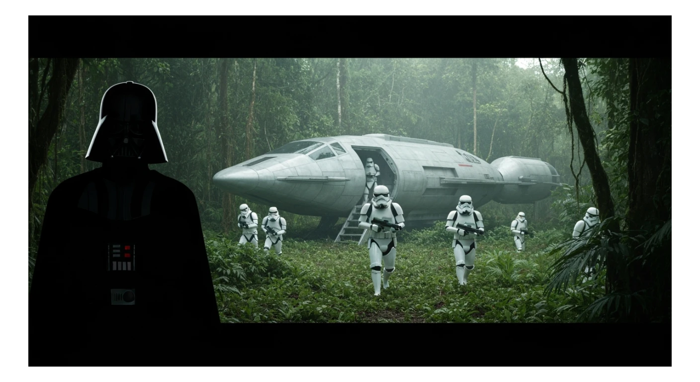 cinematic still, Medium shot, amazon jungle, Darth Vader around stormtroopers coming out from starship on ground, they are exploring the jungle, inspired by StarWars movie, captured by arri alexa sticker