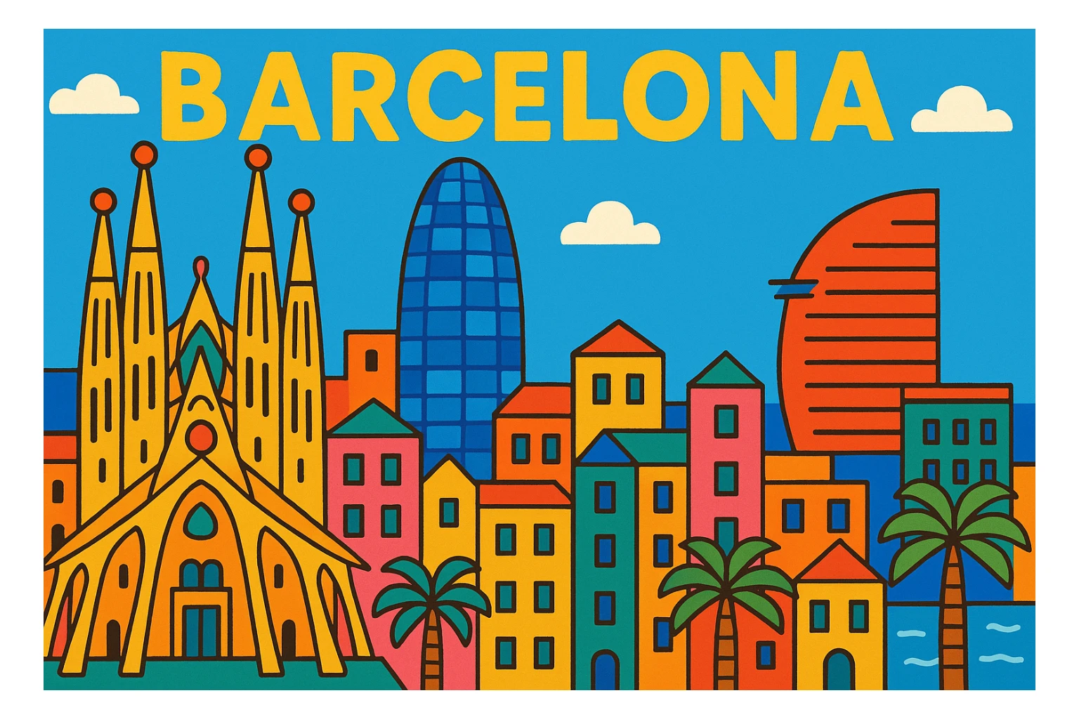 Barcelona cityscape in vibrant cartoon style sticker