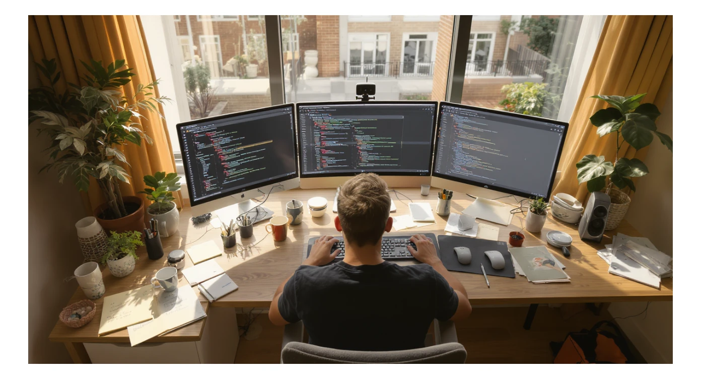 Cinematic shot of a programmer programming on tripple display setup PC, top dutch angle, Warm bright vibe, modern apartament around plants notes, model is dress like designer, morning, big window, captured on arri alexa sticker