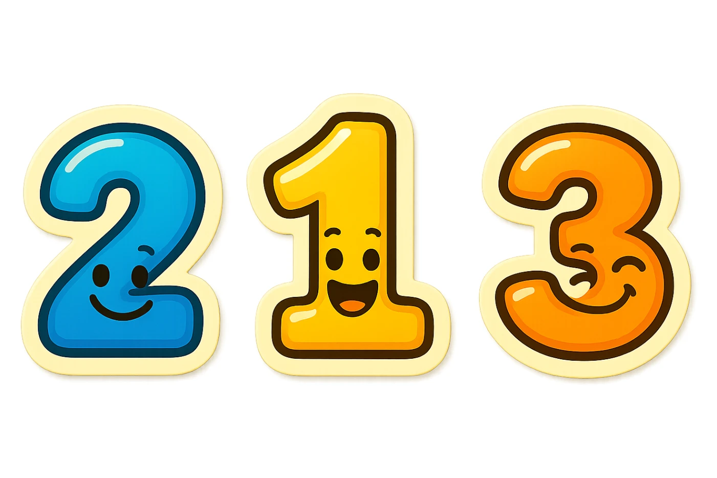 Fix the podium numbers so they are in order 2, 1, 3 from left to right. Keep the cheerful emoji style with vibrant colors and playful expressions. sticker