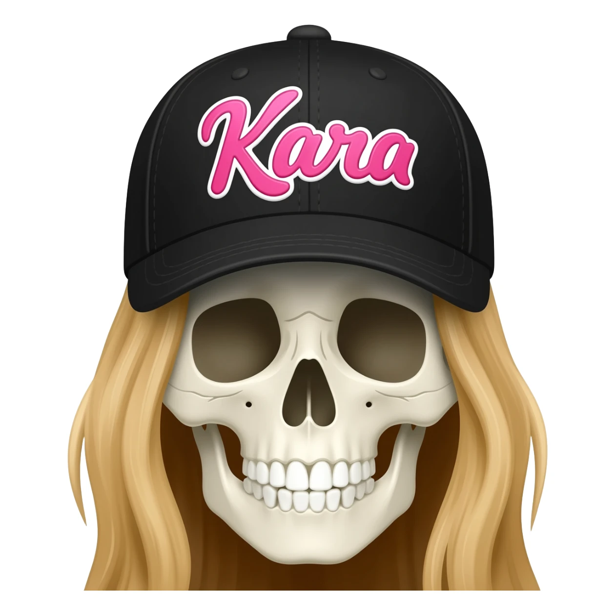 Create a skeleton head wearing a black baseball cap that says " Kara " in pink, and white lettering, with long blonde hair sticker