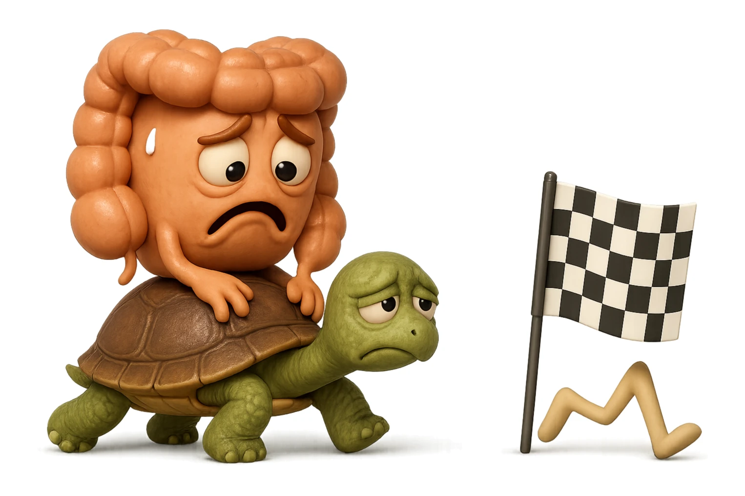 EMOJI STILE IPHONE 3D DI UN INTESTINO CON ESPRESSIONE ANGOSCIATA CHE CAMMINA SEDUTO IN GROPPA SUL GUSCIO DI UNA TARTARUGA IN ATTESA ESTENUANTE DI RAGGIUNGERE UN TRAGUARDO POCO PIù AVANTI, SULLA LORO DESTRA. IL TRAGUARDO è UNA BANDIERA A DUE PIEDI CON FASCIA A SCACCHI BIANCHI E NERI. iperrealistico 4k sticker