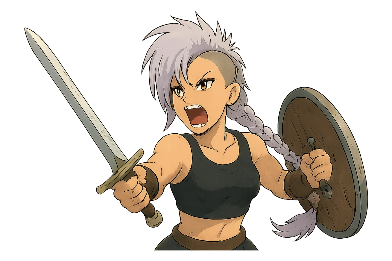 A sword maiden, mohawk, long braid white hair with lavender and tips long messy bangs one side, gold yellow eyes, black crop top, brandishing an arming sword and a shield, roaring! rah! sticker