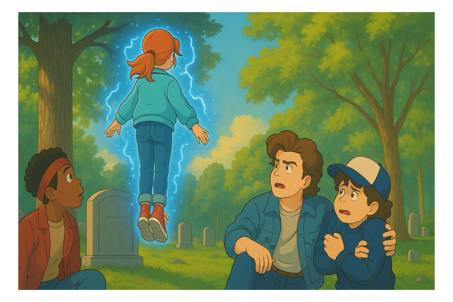 Max from Stranger Things levitating above a grave in a cemetery, seen from behind, Dustin hiding behind Steve in fear, Lucas looking up at Max, Ghibli style, wide aspect ratio (16:9), supernatural glowing effects, expressive and emotional scene. sticker