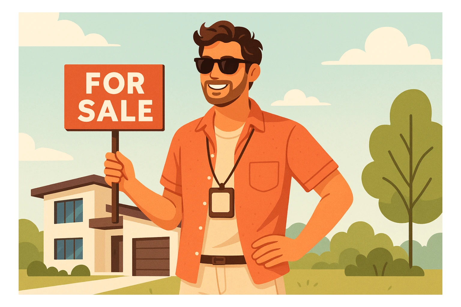 real estate agent wearing sunglasses, summer style, relaxed vibe, light clothing, smiling, bright background, modern illustration sticker