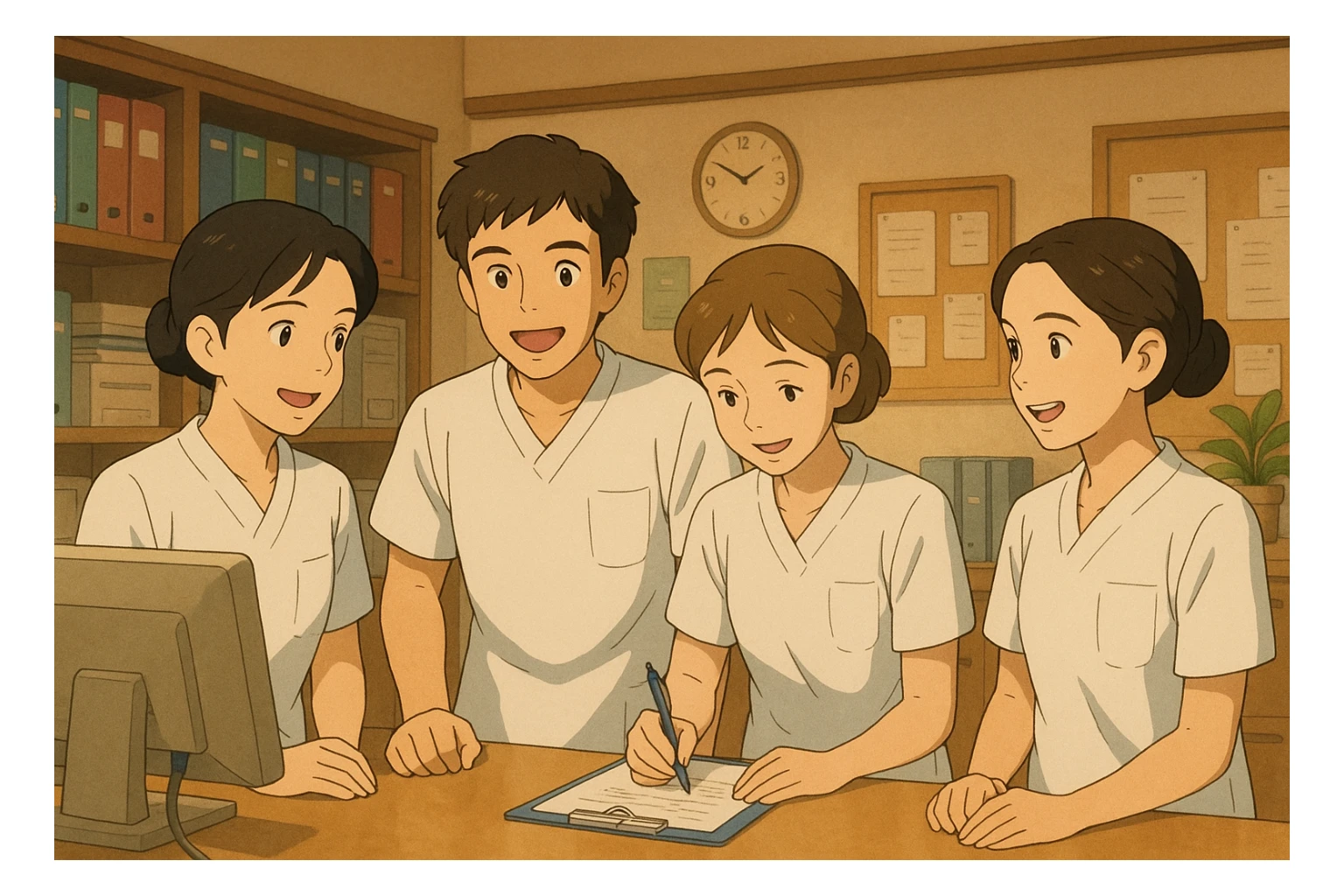 Four nursing students inspired by reference photos, together in a care station, warm atmosphere, teamwork, all wearing white short-sleeve uniforms without collar stand or stethoscope, medical tunics with V-neck and left chest pocket, no fabric extending from sleeves, care station decor, Ghibli style sticker