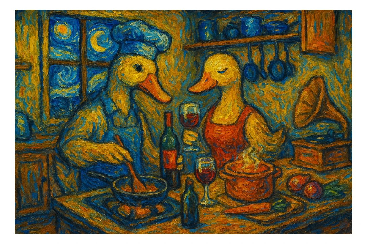 Van Gogh style kitchen scene with male and female ducks cooking, sharing wine, and enjoying music, window showing the Starry Night, 4:3 format, expressive brush strokes, vivid colors, cozy ambiance sticker