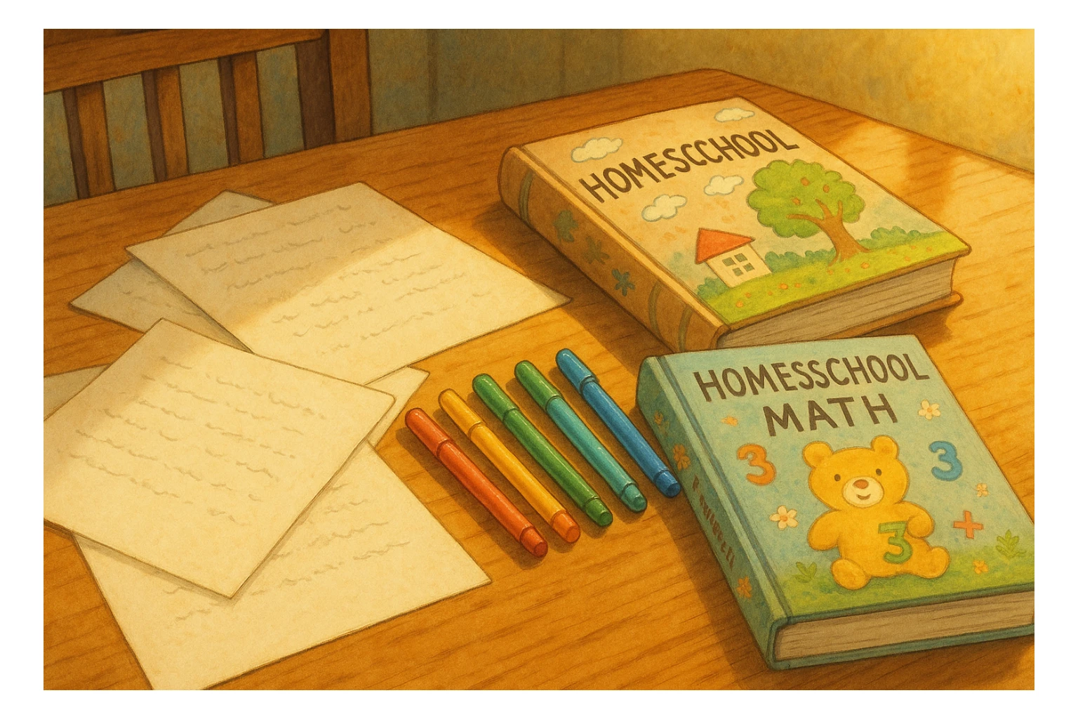 a table with paper, pens, and homeschool books, ghibli-inspired style sticker