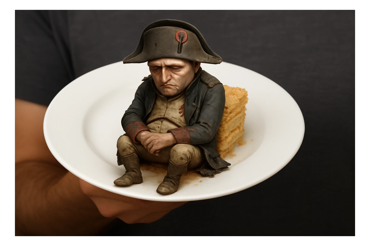 Сгенерируй мне такую же тарелку, в таком же расположение, но на ней сидит грустный наполеон бонапарт в чуть рваной одежде, как будто он повержен sticker