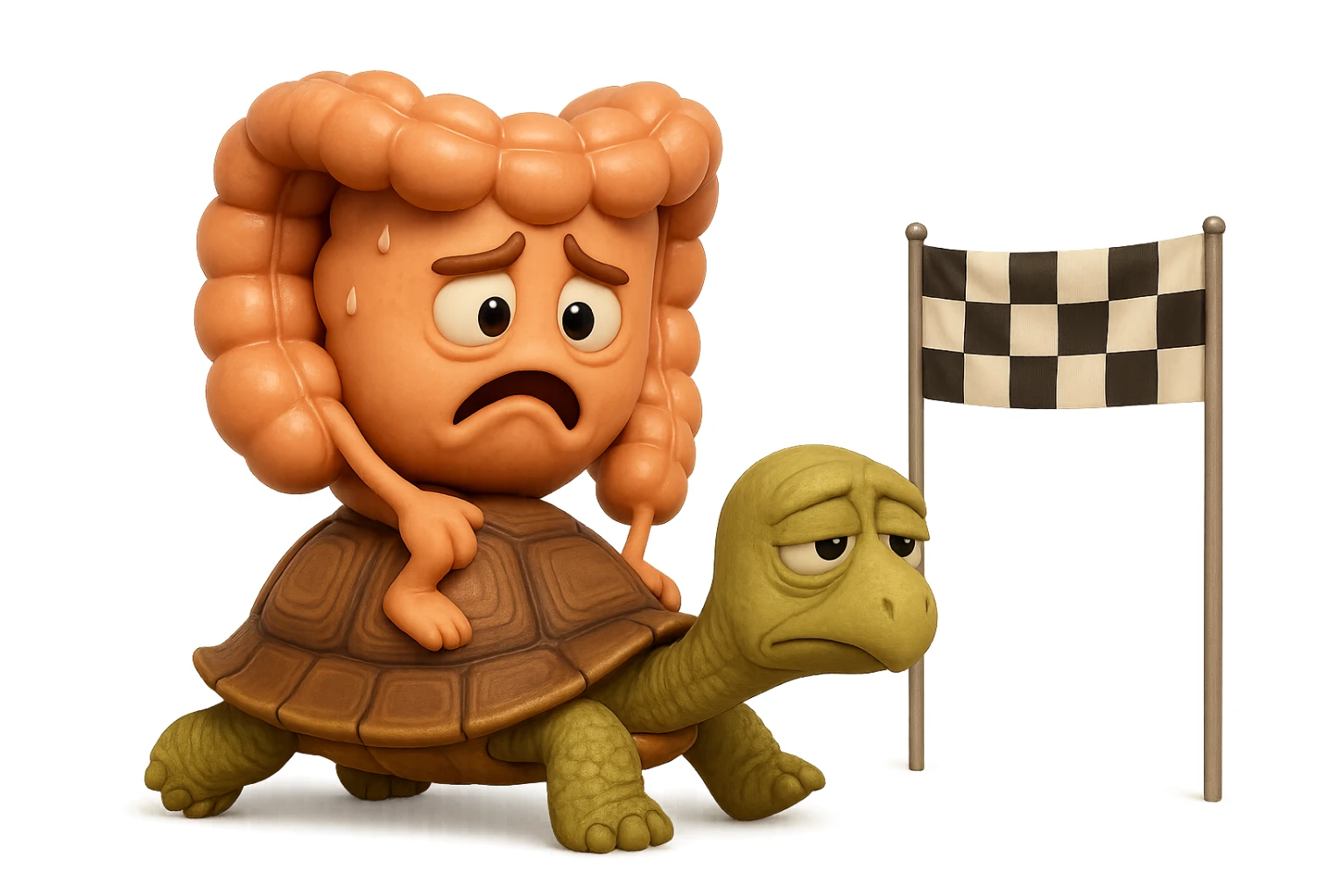  EMOJI STILE IPHONE 3D DI UN INTESTINO CON ESPRESSIONE ANGOSCIATA CHE CAMMINA SEDUTO IN GROPPA SUL GUSCIO DI UNA TARTARUGA IN ATTESA ESTENUANTE DI RAGGIUNGERE UN TRAGUARDO POCO PIù AVANTI, SULLA LORO DESTRA. IL TRAGUARDO è UNA BANDIERA A DUE PIEDI CON FASCIA A SCACCHI BIANCHI E NERI. iperrealistico 4k sticker