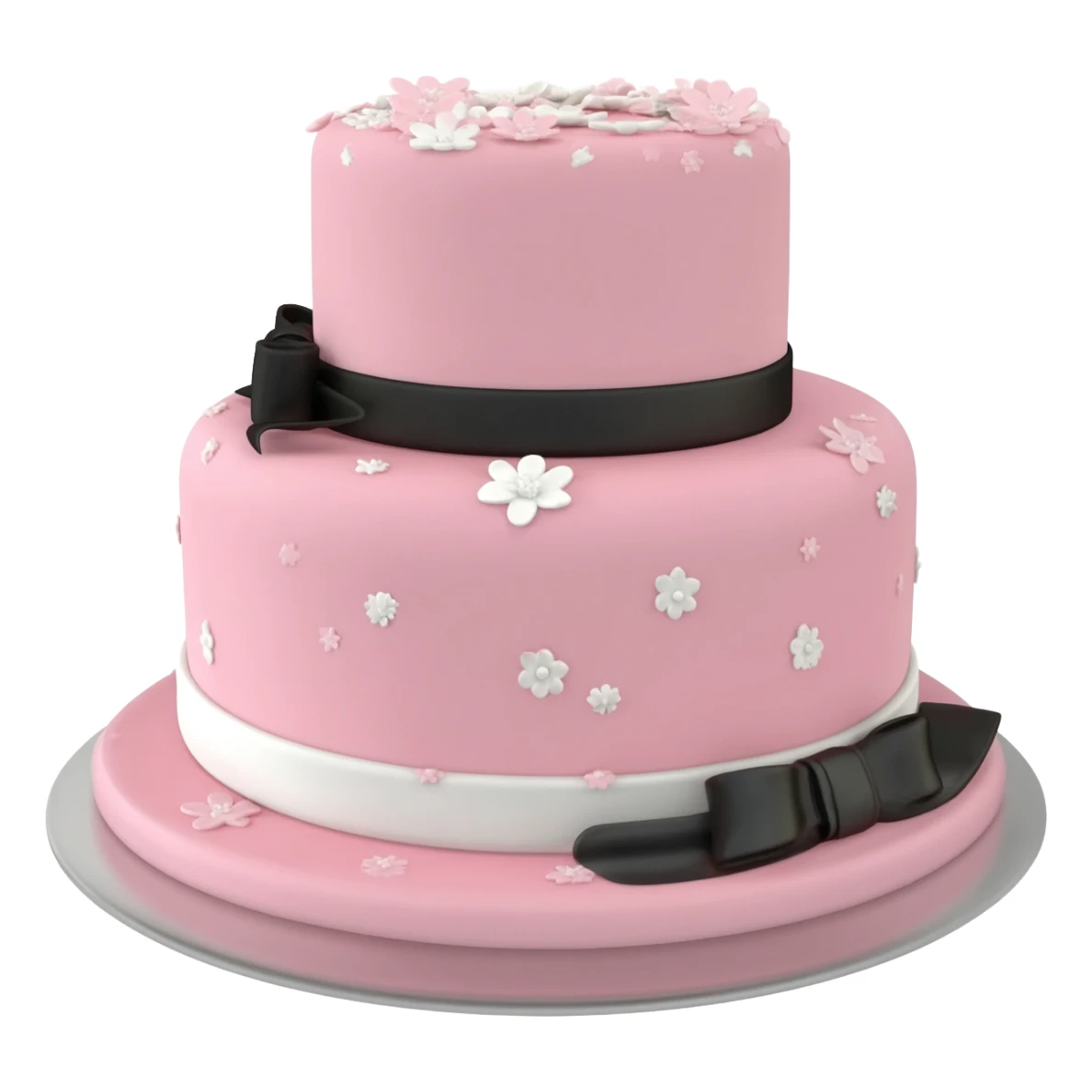 Pastel pink shaped birthday cake with black and white bows and flowers sticker