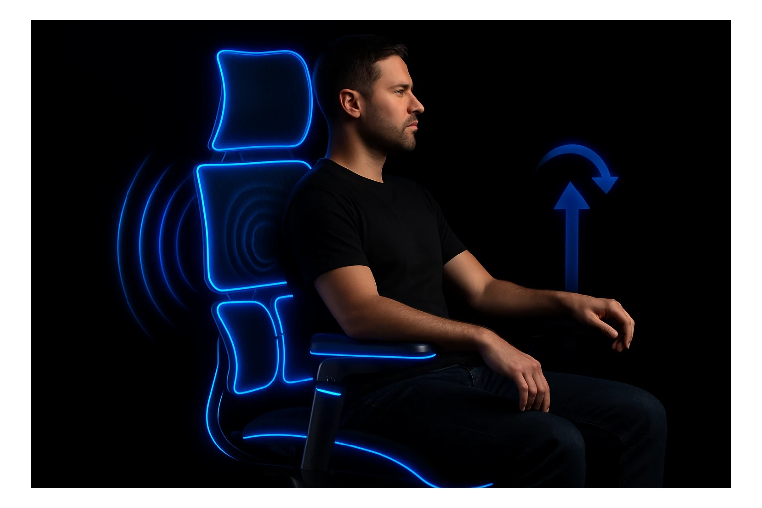 Youtube thumbnail of person using ergonomic chair, black solid background, neon light, closeup showing details of ergonomic chair, symmetrical sticker