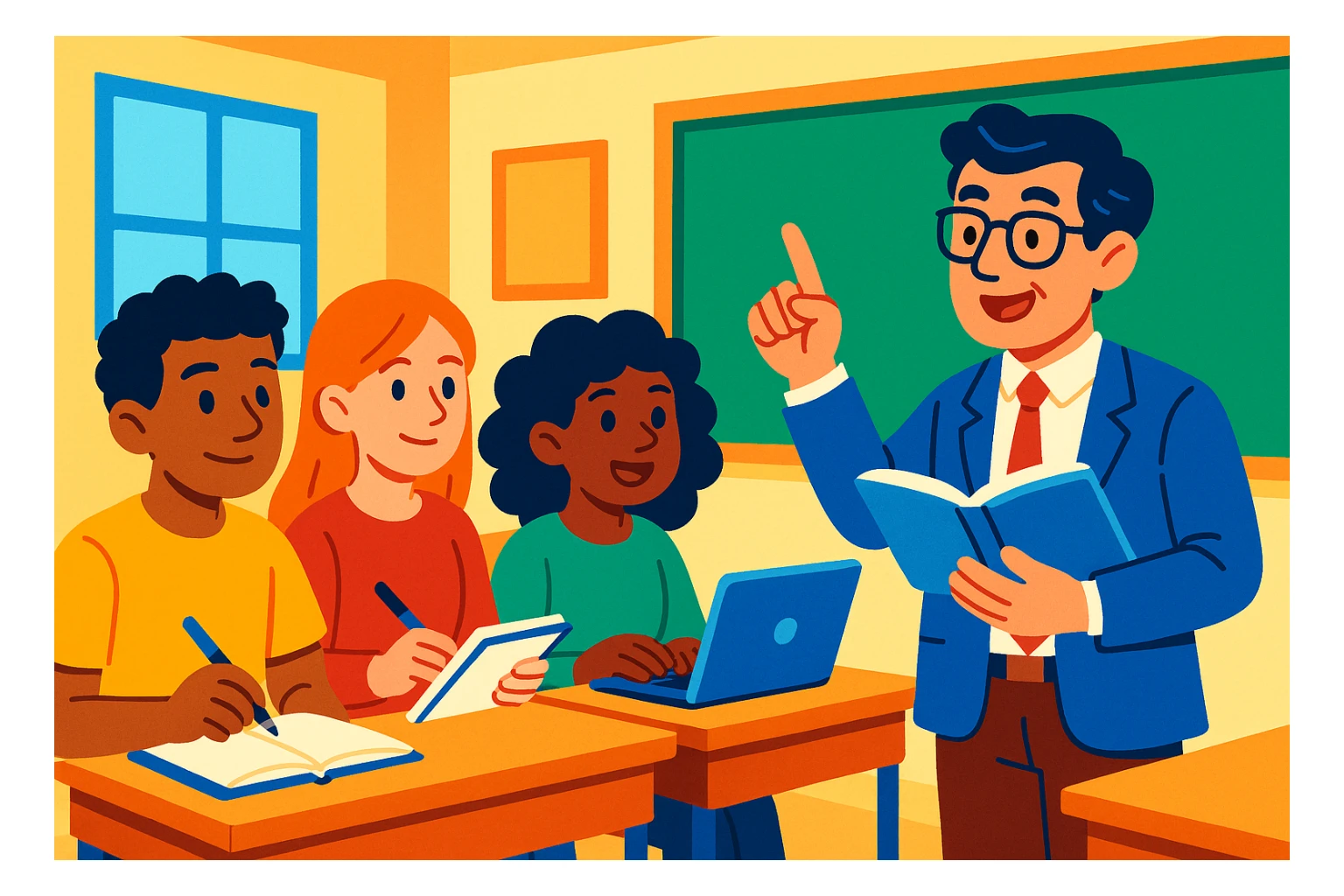 group of four students with notebook and laptop, listening to a professor, studious atmosphere, colorful cartoon style sticker