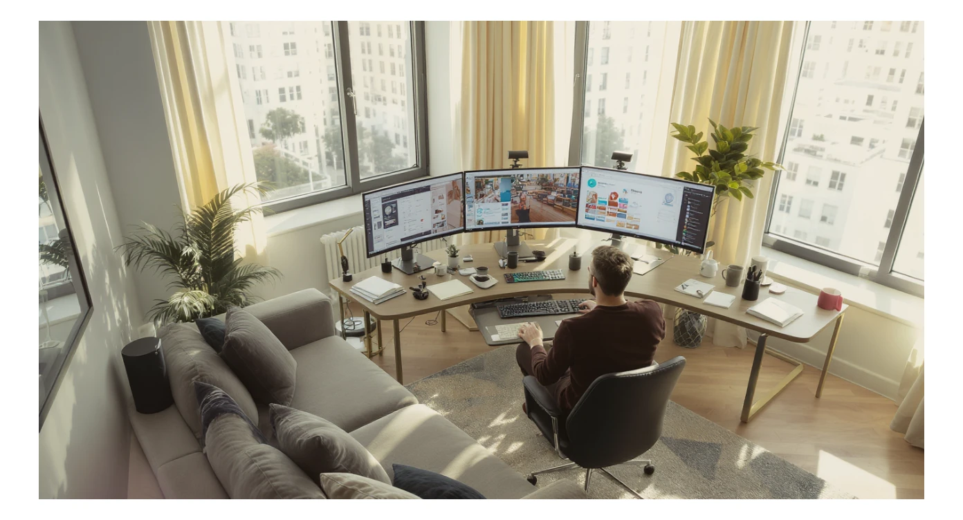 Cinematic shot of a creative director work on tripple display setup PC, top dutch angle, Warm bright vibe, modern clean expensive huge room minimalistic apartament, model is dress like designer, morning, big window, advertising vibe, captured on arri alexa sticker