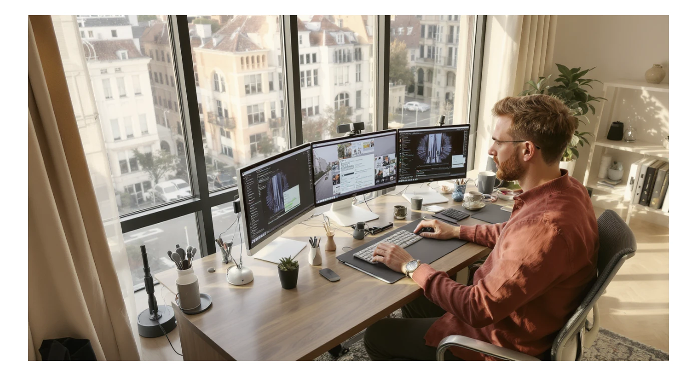 Cinematic shot of a creative director work on tripple display setup PC, top dutch angle, Warm bright vibe, modern clean expensive huge room minimalistic apartament, model is dress like designer, morning, big window, captured on arri alexa sticker