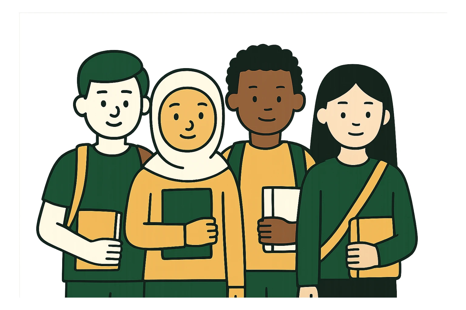multicultural group of students, minimalistic, green gold and white color scheme, clean lines sticker