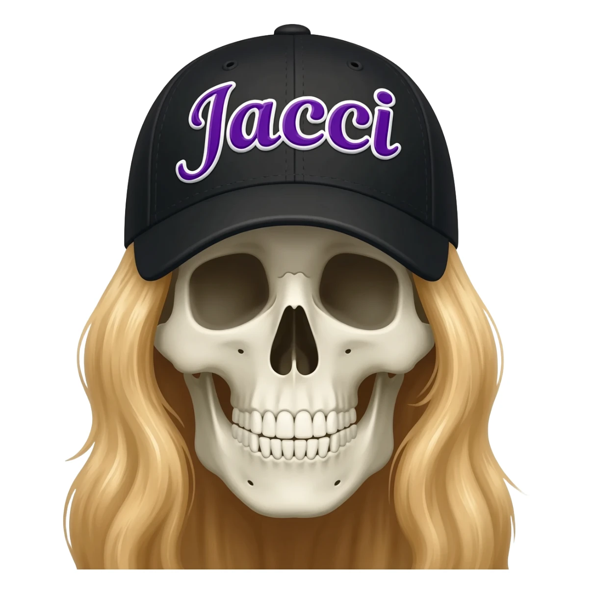Create a skeleton head wearing a black baseball cap that says " Jacqui " in purple, and white lettering, with long blonde hair sticker
