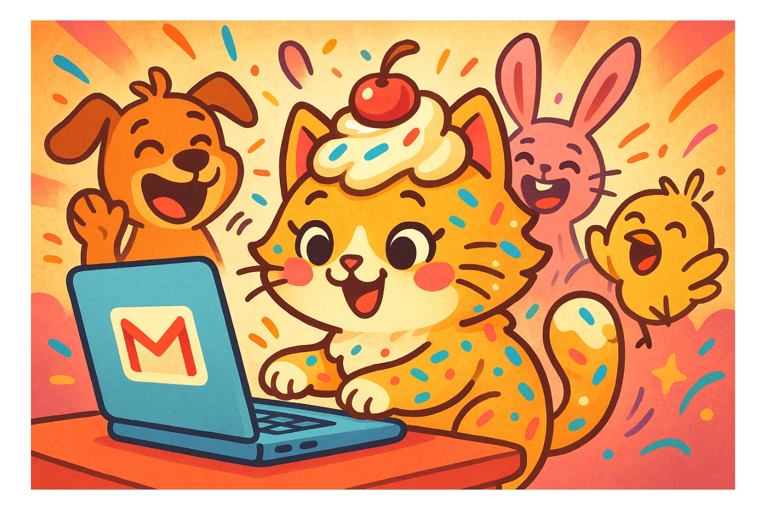 A playful cat with cupcake features like frosting and sprinkles, typing on a laptop with a Gmail icon, making her friends laugh with her stories. The cat is colorful and cute, with cupcake decorations. The scene is whimsical and fun. sticker
