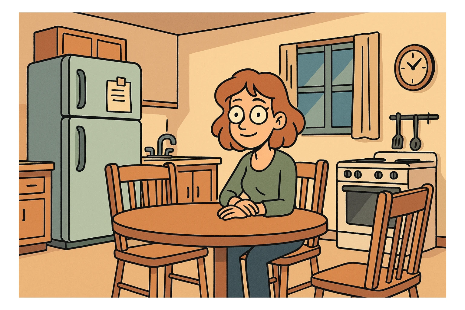 kitchen room with refrigerator, table, and chairs in a cozy cartoon style sticker