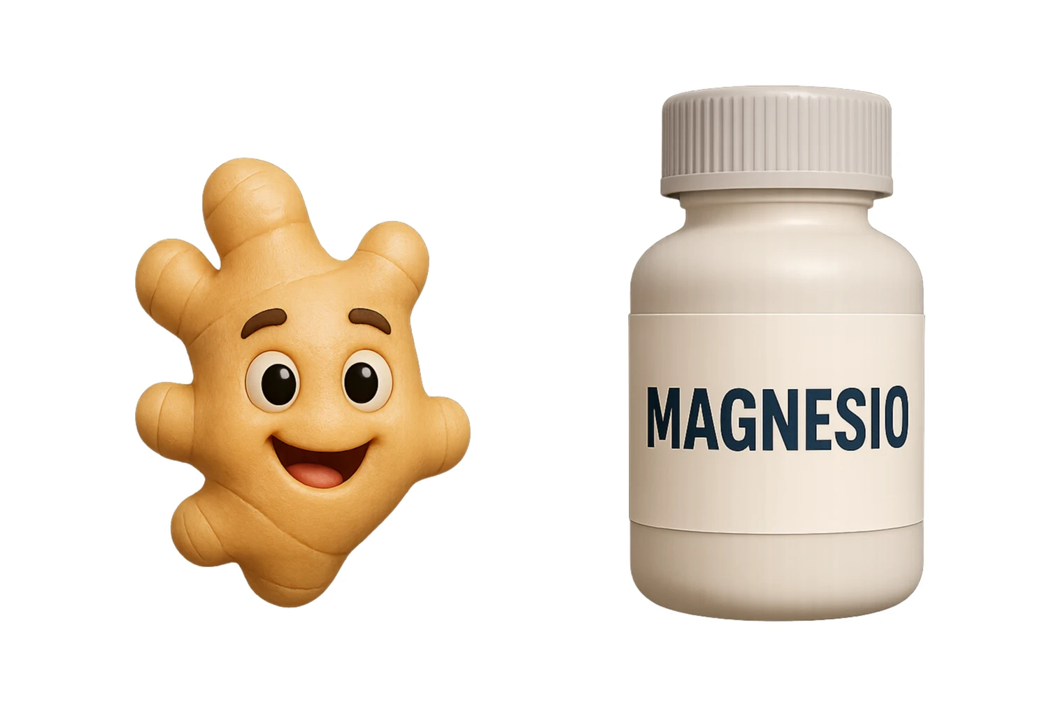 emoji stile iphone 3d di un pezzetto di zenzero e una boccetta di magnesio con la scritta "MAGNESIO" SULL'ETICHETTA CHE FLUTTUANO IN ARIA, iperrealistico 4k sticker