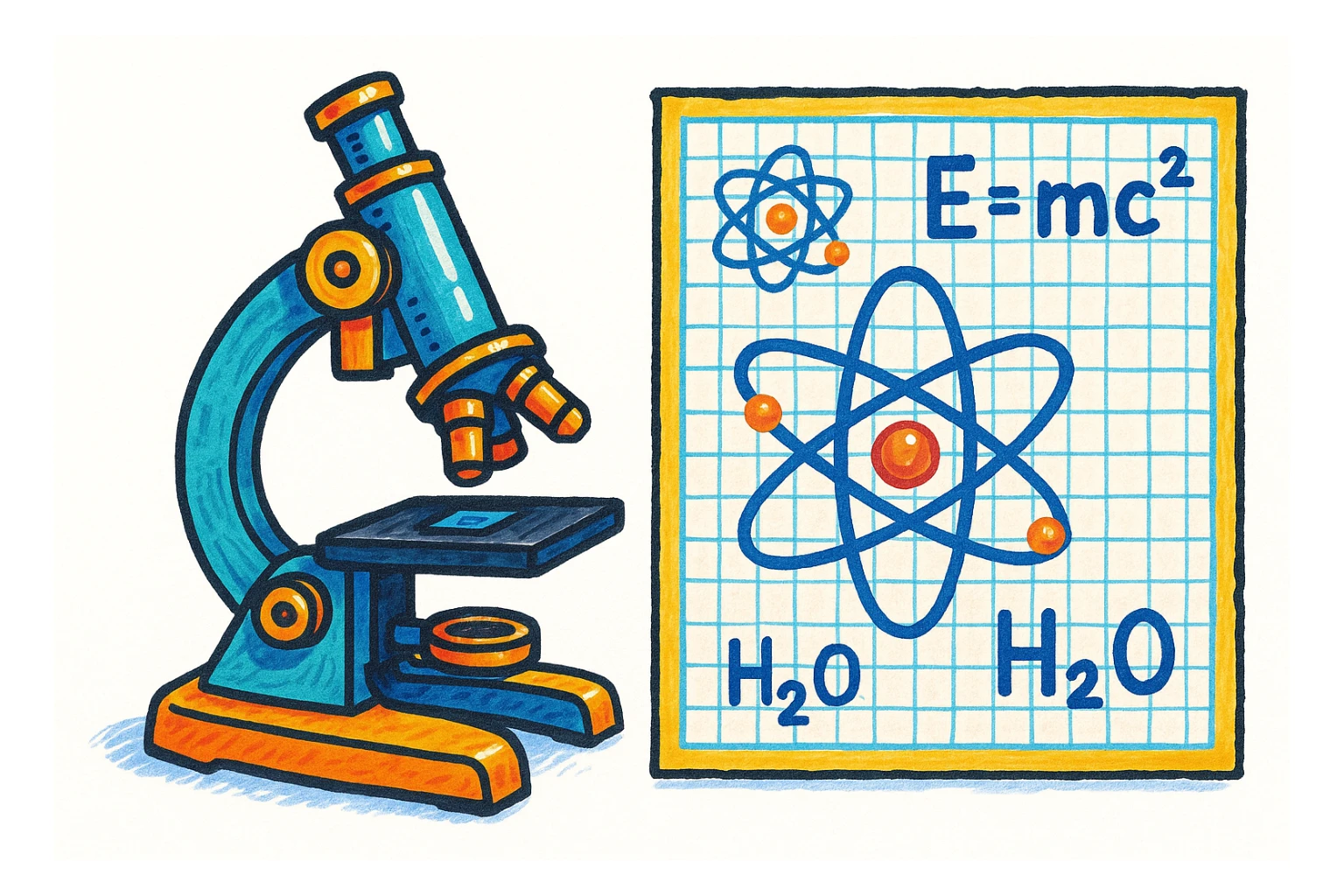 Сгенерируй мне  в ярком рисованном стиле микроскоп а рядом с ним чертеж с атомами и формулами, на белом фоне sticker