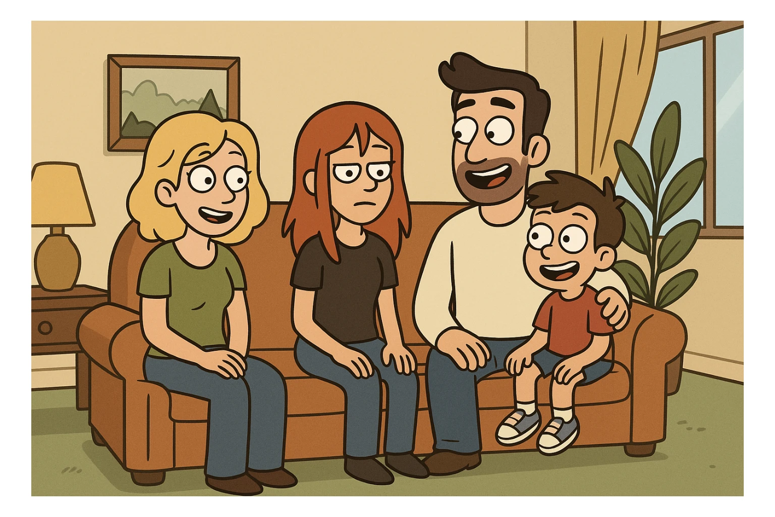 a family in a cozy living room, cartoon style sticker