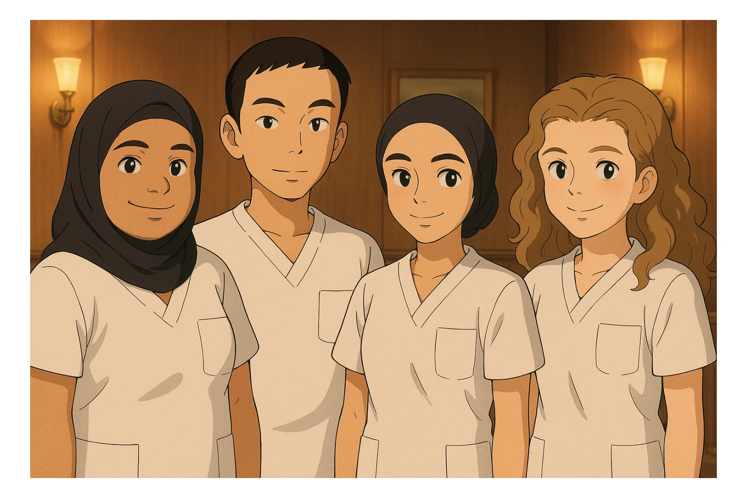 Variation 2: Four nursing students side by side in a warm indoor ambiance, wearing white short-sleeve uniforms without stand-up collars or hijabs under the sleeves, no stethoscopes. Tops are medical tunics with V-neck and left chest pocket. Each student has the face from the provided portraits, in Ghibli style, group composition. sticker