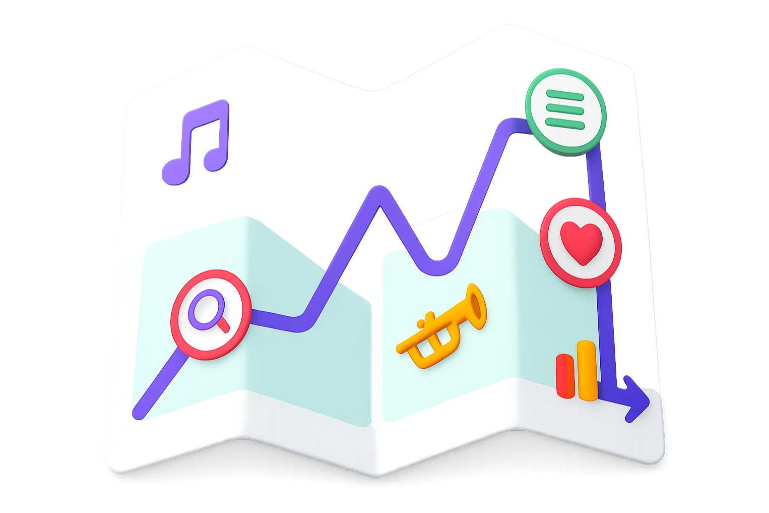 Create a fresh, modern paper map emoji in the style of Apple emojis, unfolded to show the attached digital roadmap drawing inside with a purple path and icons. The map symbolizes a musician's journey, colorful and clean with a transparent background. No city map elements, no antique or parchment style, and no text. sticker